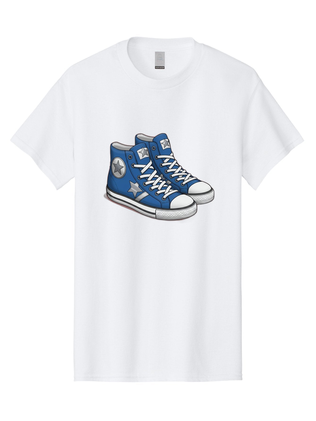 Blue-Converse-Sneakers Men'S Graphic Tee, 100% Cotton, Comfortable Casual Summer Wear, Machine Washable, Blue Sneakers, Star Design, White Laces, Converse Style, Casual Footwear, Sneaker Fashion, Streetwear, Blue Shoes, Star Pattern Baa171 9