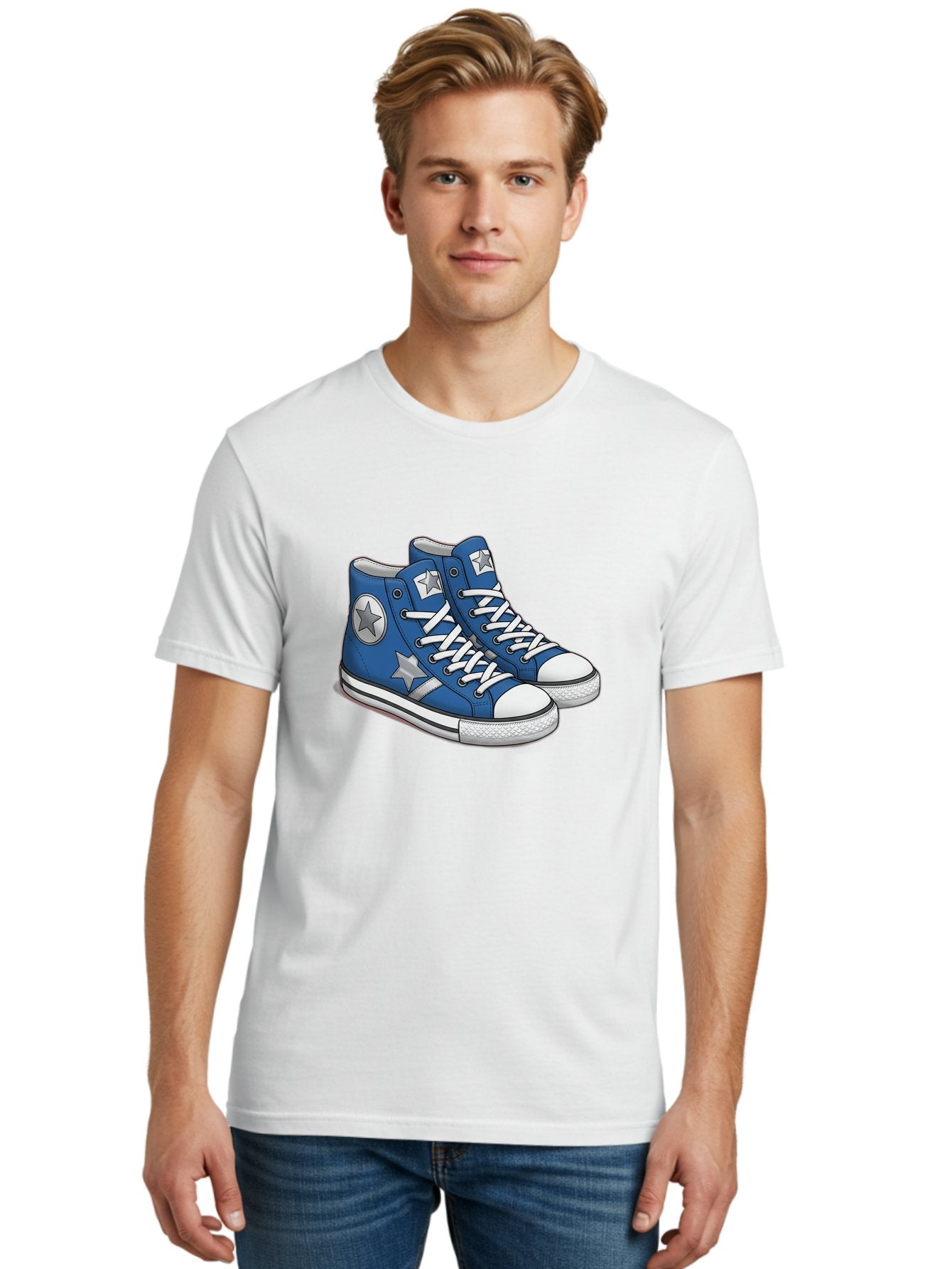 Blue-Converse-Sneakers Men'S Graphic Tee, 100% Cotton, Comfortable Casual Summer Wear, Machine Washable, Blue Sneakers, Star Design, White Laces, Converse Style, Casual Footwear, Sneaker Fashion, Streetwear, Blue Shoes, Star Pattern Baa171 26