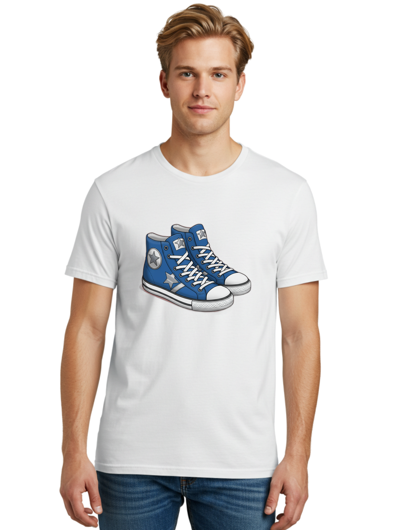 Blue-Converse-Sneakers Men'S Graphic Tee, 100% Cotton, Comfortable Casual Summer Wear, Machine Washable, Blue Sneakers, Star Design, White Laces, Converse Style, Casual Footwear, Sneaker Fashion, Streetwear, Blue Shoes, Star Pattern Baa171 10