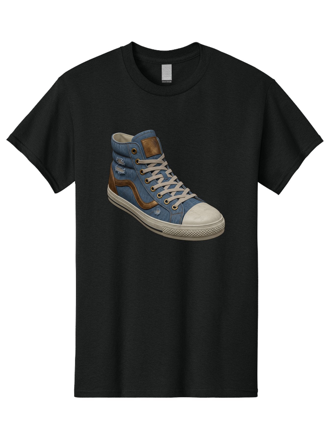 Blue-Denim-High-Top-Sneaker Men'S Graphic Tee, 100% Cotton, Comfortable Casual Summer Wear, Machine Washable, High-Top Denim Sneakers, Blue Denim, Fashionable Sneakers, Casual Footwear, White Laces, Brown Accents, Distressed Design, Baa172 10