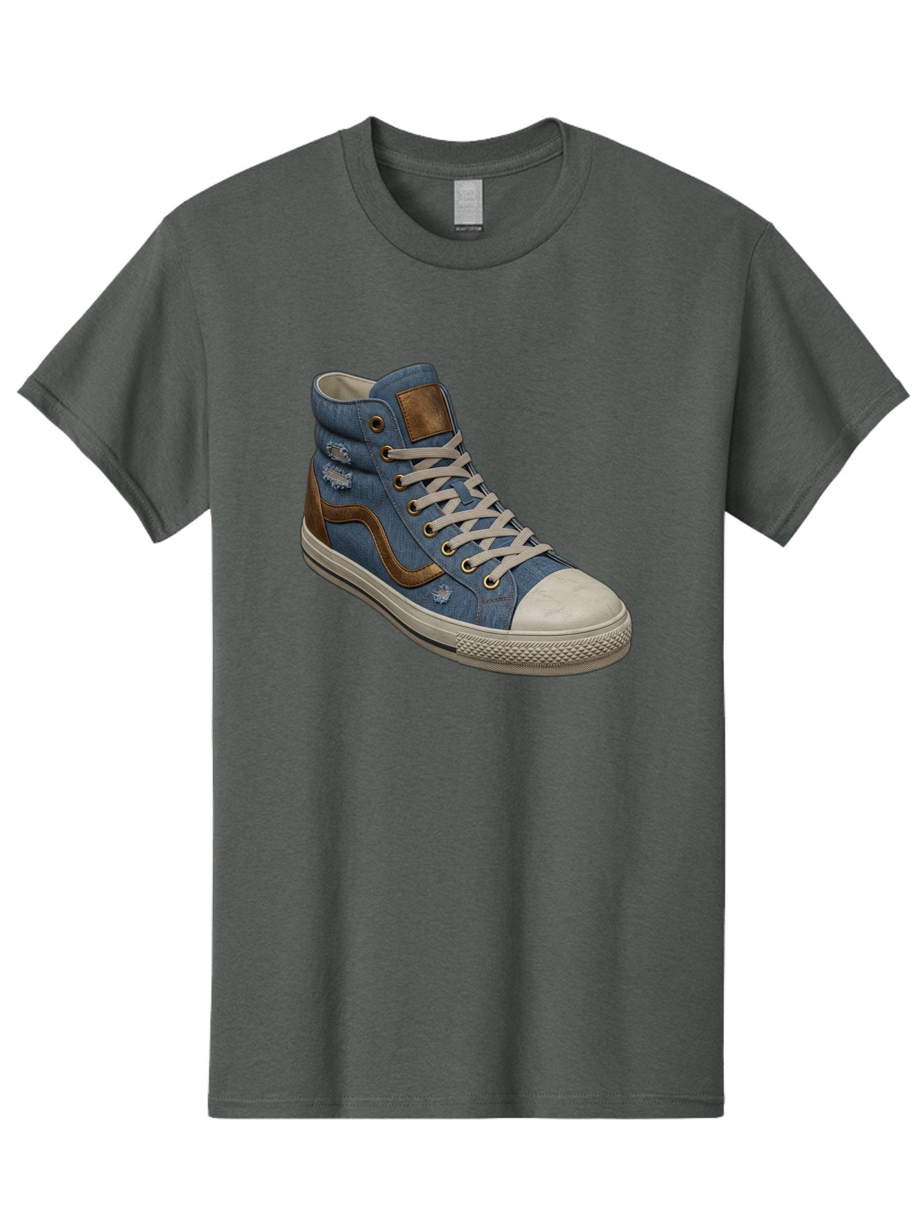 Blue-Denim-High-Top-Sneaker Men'S Graphic Tee, 100% Cotton, Comfortable Casual Summer Wear, Machine Washable, High-Top Denim Sneakers, Blue Denim, Fashionable Sneakers, Casual Footwear, White Laces, Brown Accents, Distressed Design, Baa172 12