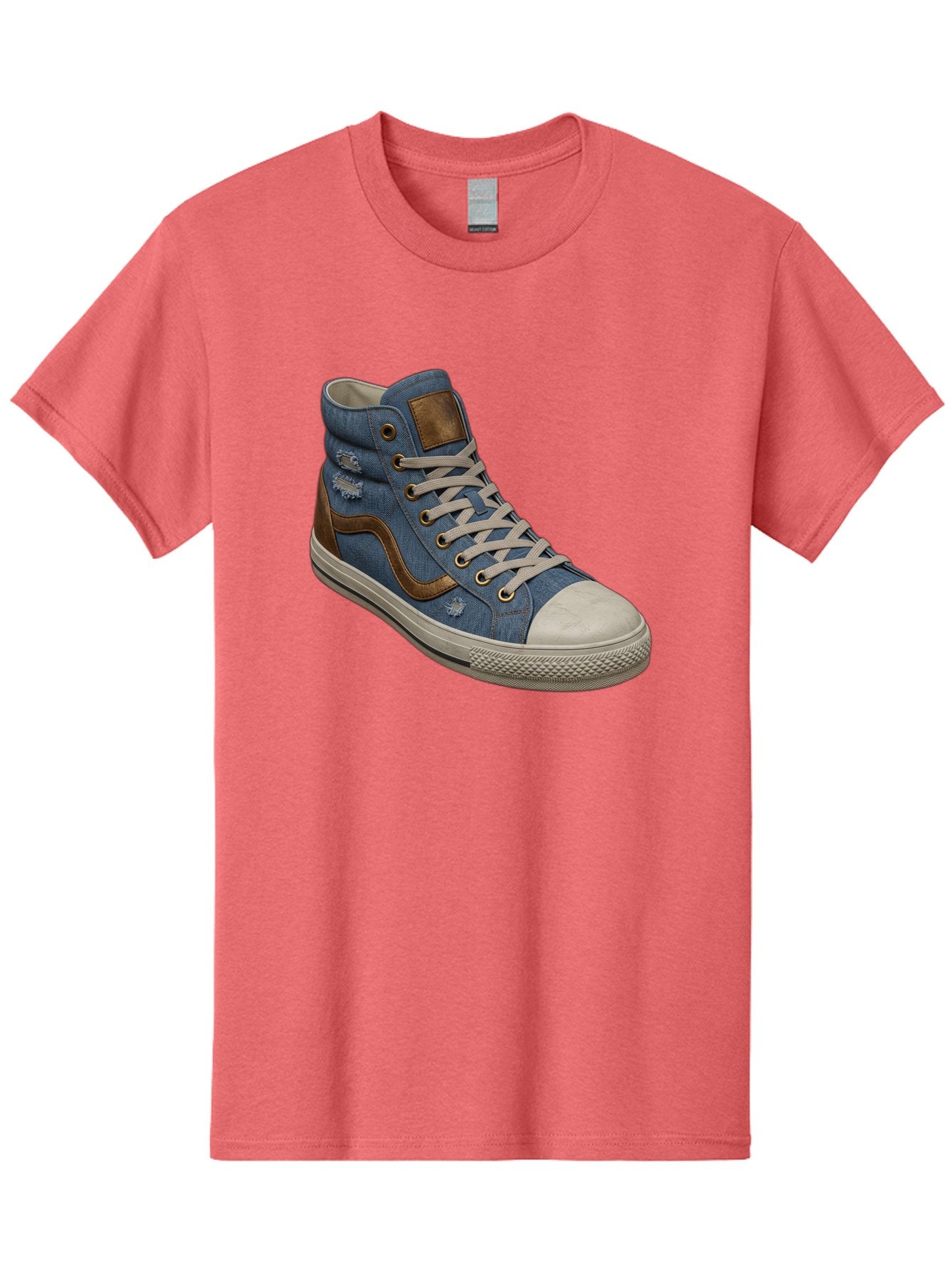 Blue-Denim-High-Top-Sneaker Men'S Graphic Tee, 100% Cotton, Comfortable Casual Summer Wear, Machine Washable, High-Top Denim Sneakers, Blue Denim, Fashionable Sneakers, Casual Footwear, White Laces, Brown Accents, Distressed Design, Baa172 8