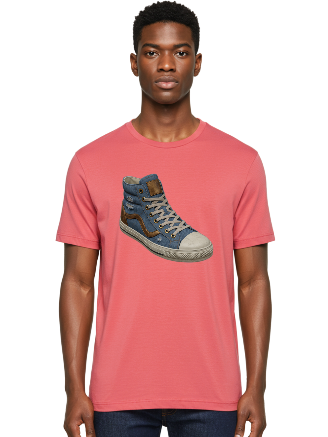 Blue-Denim-High-Top-Sneaker Men'S Graphic Tee, 100% Cotton, Comfortable Casual Summer Wear, Machine Washable, High-Top Denim Sneakers, Blue Denim, Fashionable Sneakers, Casual Footwear, White Laces, Brown Accents, Distressed Design, Baa172 12