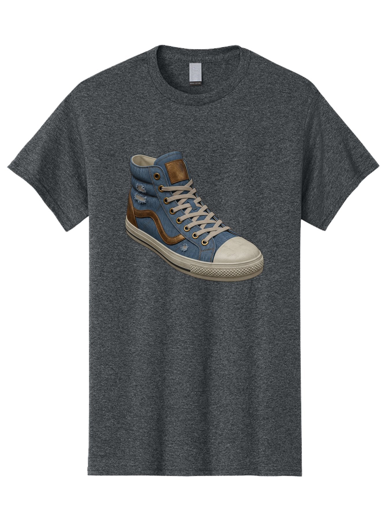 Blue-Denim-High-Top-Sneaker Men'S Graphic Tee, 100% Cotton, Comfortable Casual Summer Wear, Machine Washable, High-Top Denim Sneakers, Blue Denim, Fashionable Sneakers, Casual Footwear, White Laces, Brown Accents, Distressed Design, Baa172 9