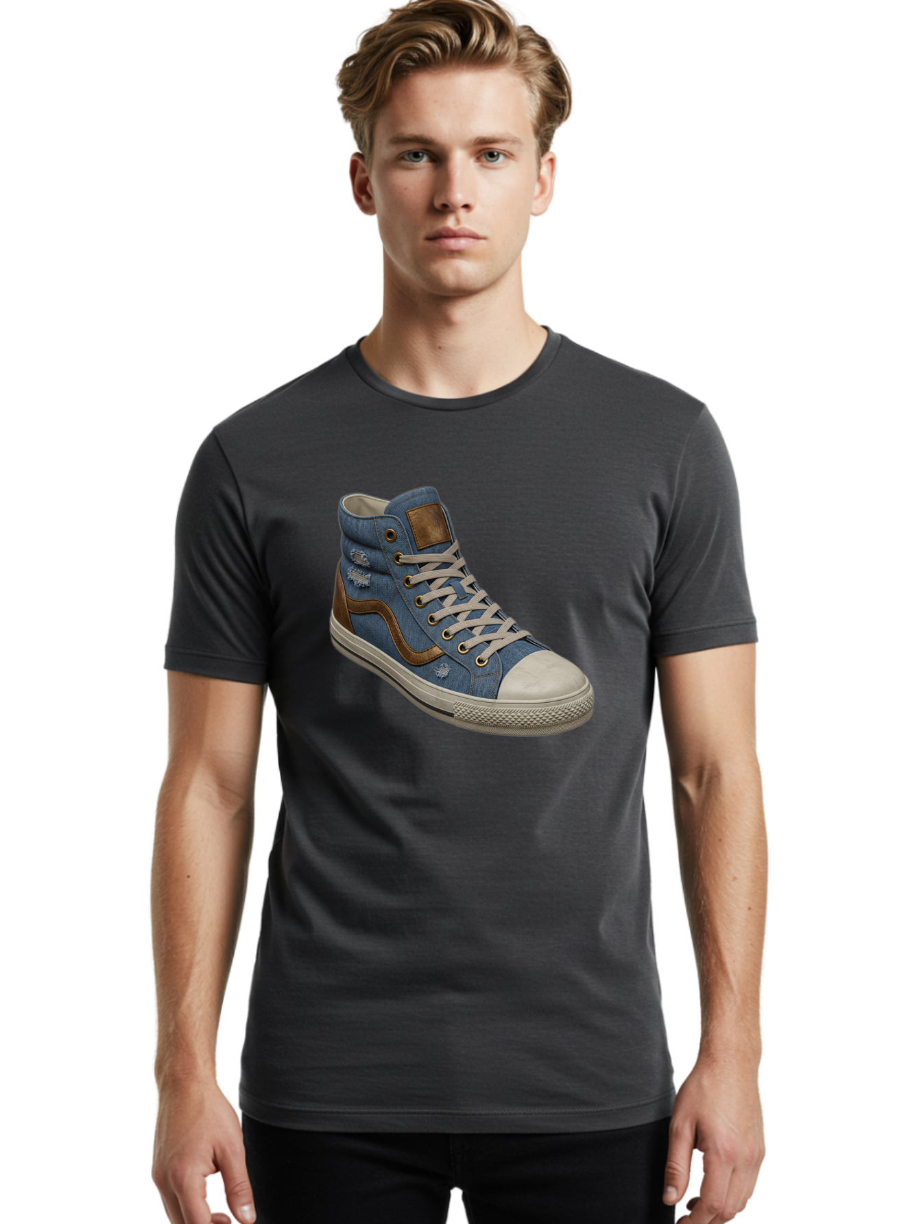Blue-Denim-High-Top-Sneaker Men'S Graphic Tee, 100% Cotton, Comfortable Casual Summer Wear, Machine Washable, High-Top Denim Sneakers, Blue Denim, Fashionable Sneakers, Casual Footwear, White Laces, Brown Accents, Distressed Design, Baa172 10