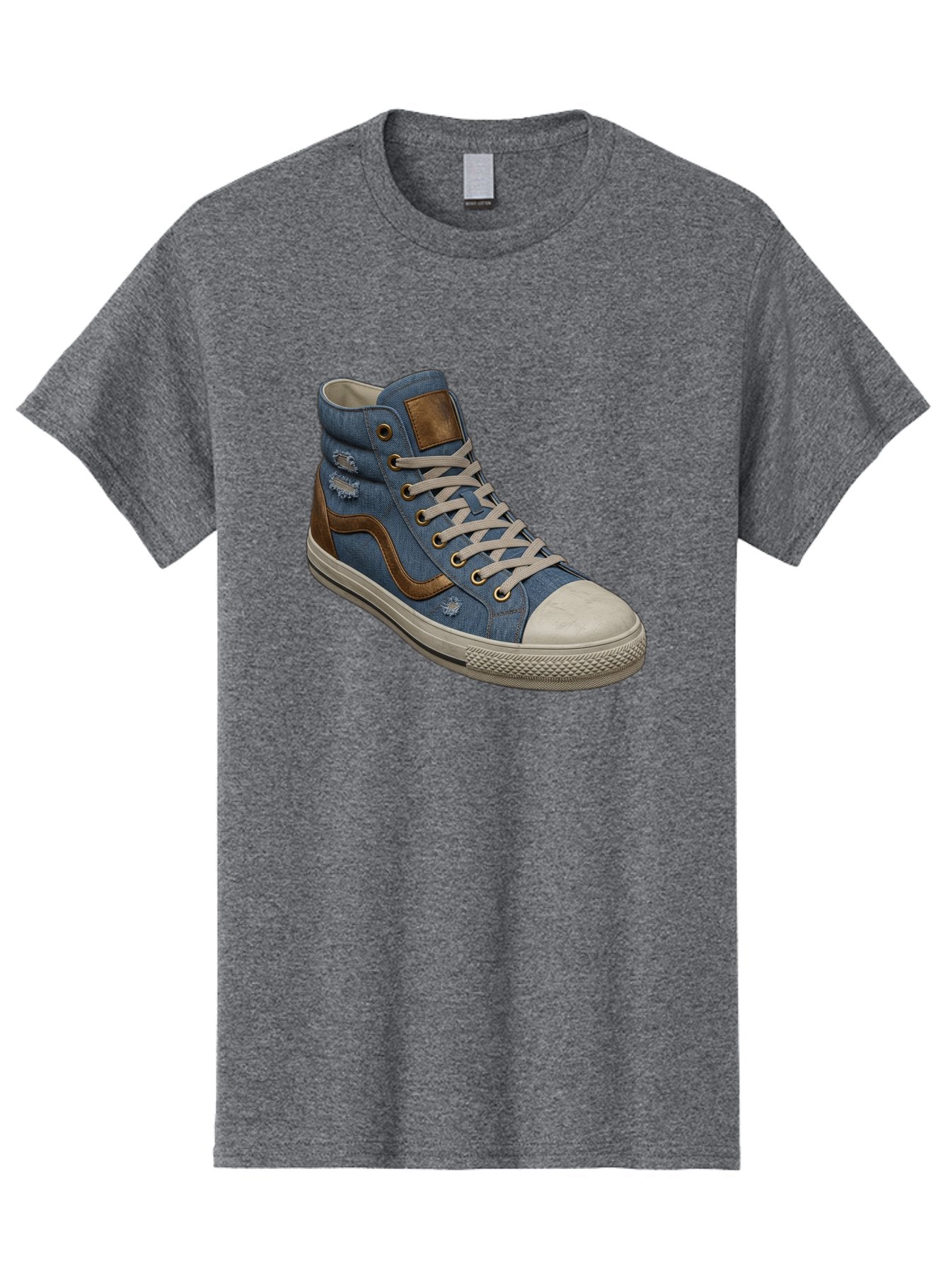 Blue-Denim-High-Top-Sneaker Men'S Graphic Tee, 100% Cotton, Comfortable Casual Summer Wear, Machine Washable, High-Top Denim Sneakers, Blue Denim, Fashionable Sneakers, Casual Footwear, White Laces, Brown Accents, Distressed Design, Baa172 13