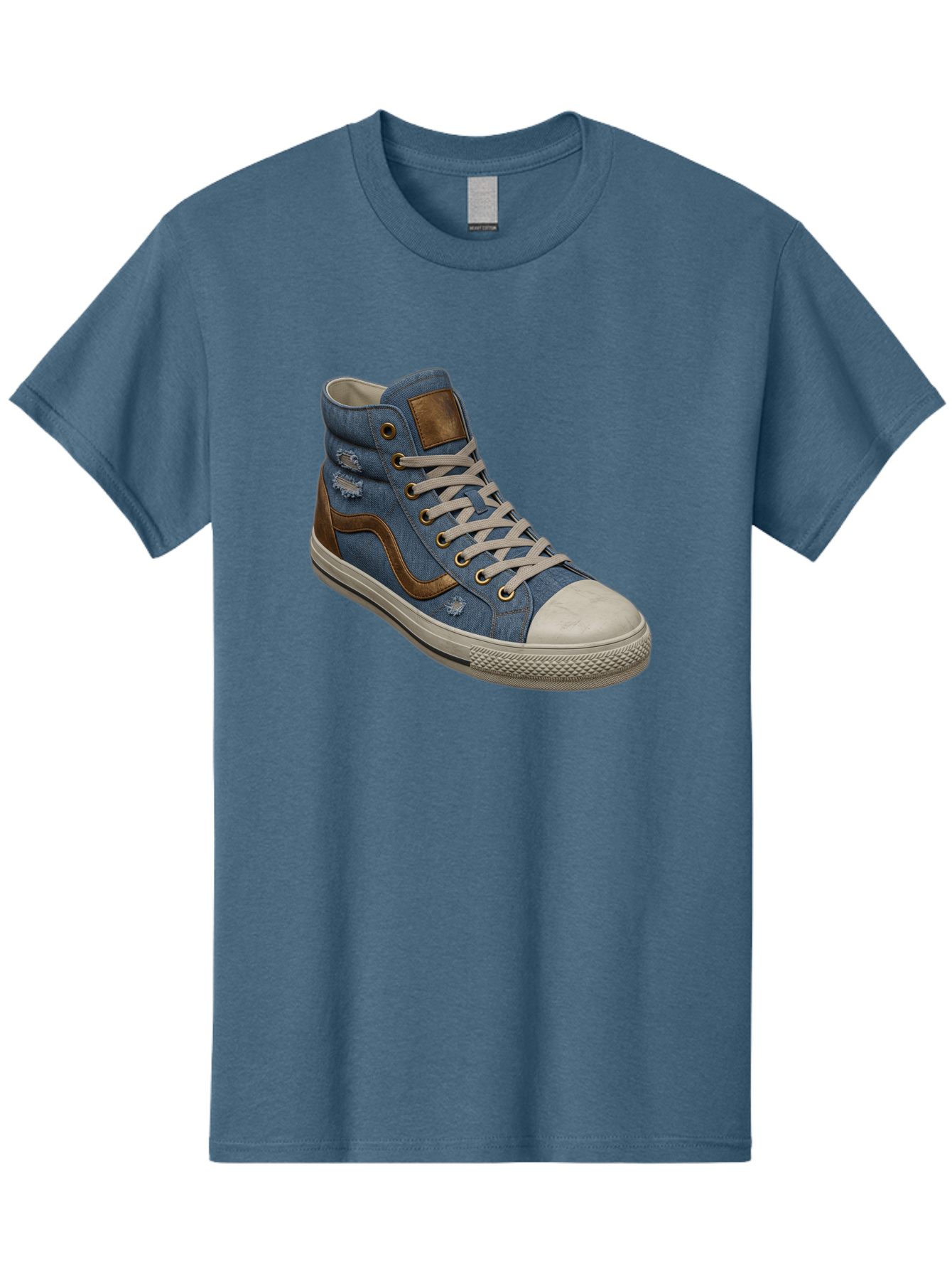 Blue-Denim-High-Top-Sneaker Men'S Graphic Tee, 100% Cotton, Comfortable Casual Summer Wear, Machine Washable, High-Top Denim Sneakers, Blue Denim, Fashionable Sneakers, Casual Footwear, White Laces, Brown Accents, Distressed Design, Baa172 21