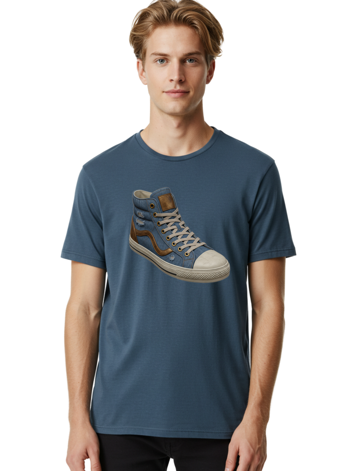 Blue-Denim-High-Top-Sneaker Men'S Graphic Tee, 100% Cotton, Comfortable Casual Summer Wear, Machine Washable, High-Top Denim Sneakers, Blue Denim, Fashionable Sneakers, Casual Footwear, White Laces, Brown Accents, Distressed Design, Baa172 22