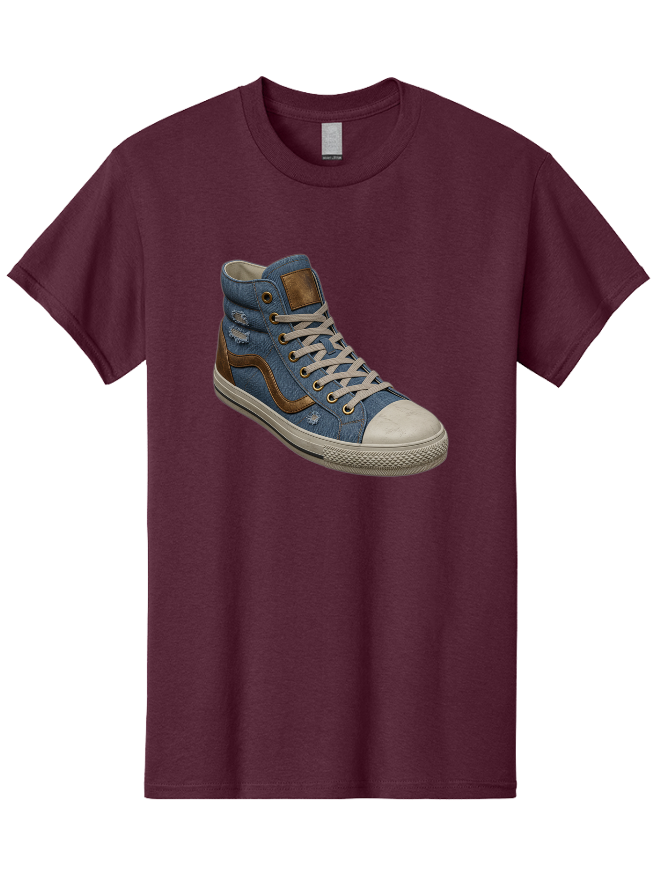 Blue-Denim-High-Top-Sneaker Men'S Graphic Tee, 100% Cotton, Comfortable Casual Summer Wear, Machine Washable, High-Top Denim Sneakers, Blue Denim, Fashionable Sneakers, Casual Footwear, White Laces, Brown Accents, Distressed Design, Baa172 19
