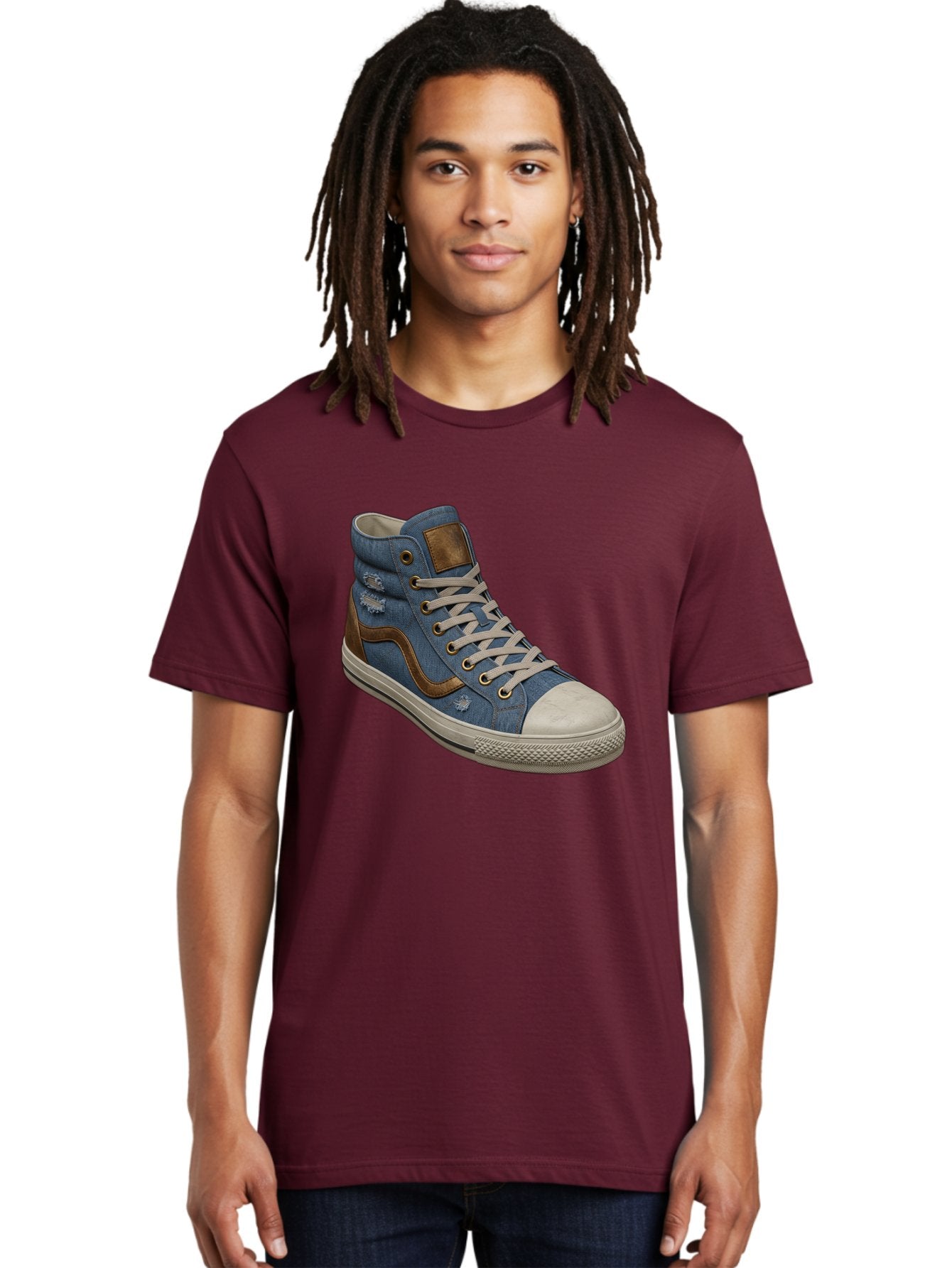 Blue-Denim-High-Top-Sneaker Men'S Graphic Tee, 100% Cotton, Comfortable Casual Summer Wear, Machine Washable, High-Top Denim Sneakers, Blue Denim, Fashionable Sneakers, Casual Footwear, White Laces, Brown Accents, Distressed Design, Baa172 21