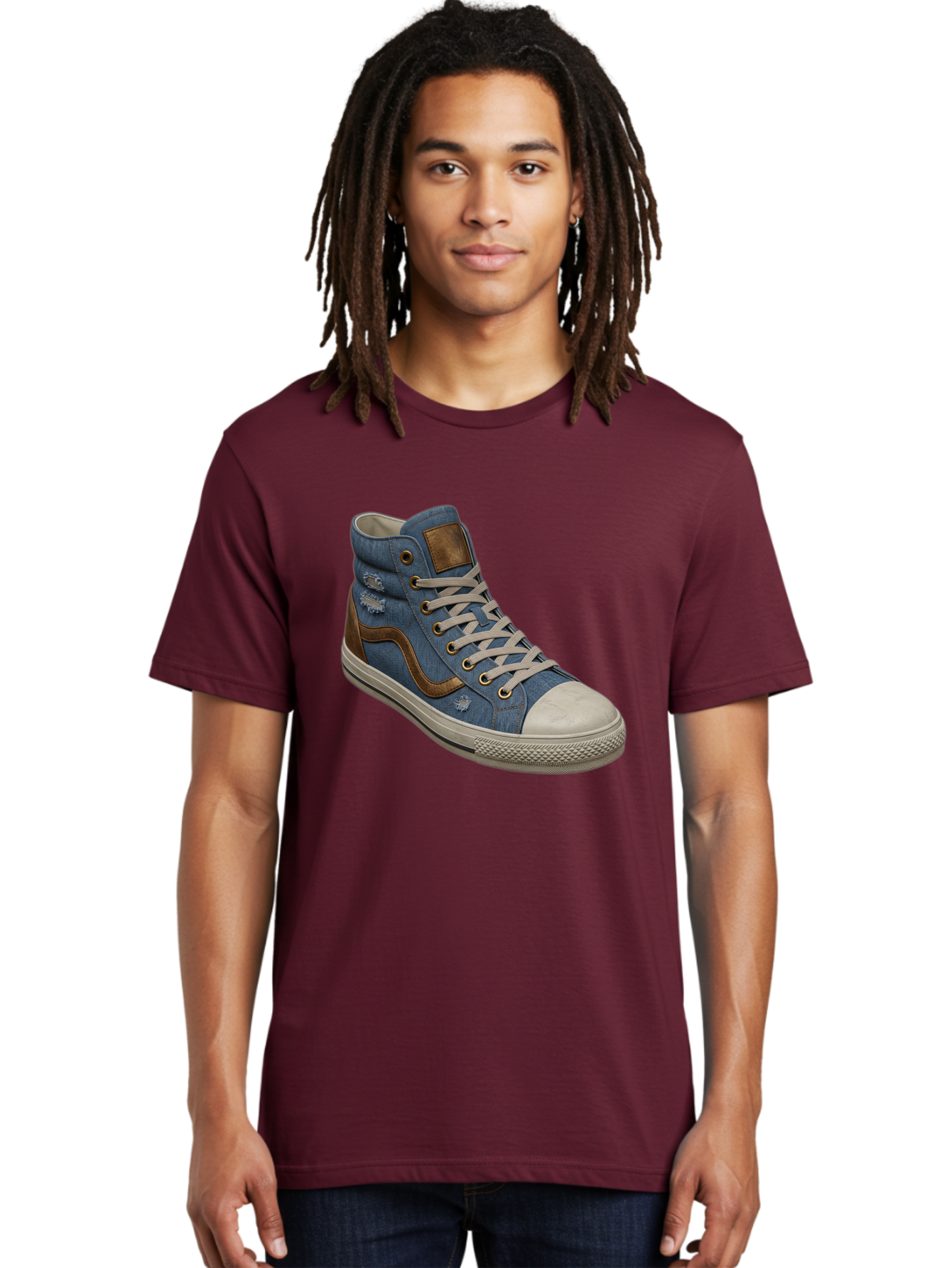Blue-Denim-High-Top-Sneaker Men'S Graphic Tee, 100% Cotton, Comfortable Casual Summer Wear, Machine Washable, High-Top Denim Sneakers, Blue Denim, Fashionable Sneakers, Casual Footwear, White Laces, Brown Accents, Distressed Design, Baa172 20