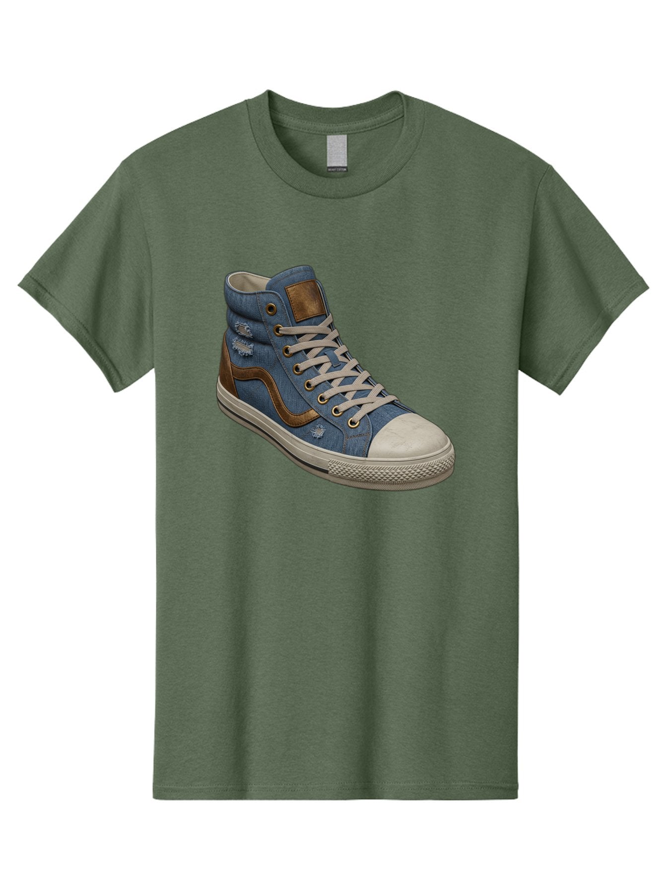 Blue-Denim-High-Top-Sneaker Men'S Graphic Tee, 100% Cotton, Comfortable Casual Summer Wear, Machine Washable, High-Top Denim Sneakers, Blue Denim, Fashionable Sneakers, Casual Footwear, White Laces, Brown Accents, Distressed Design, Baa172 5
