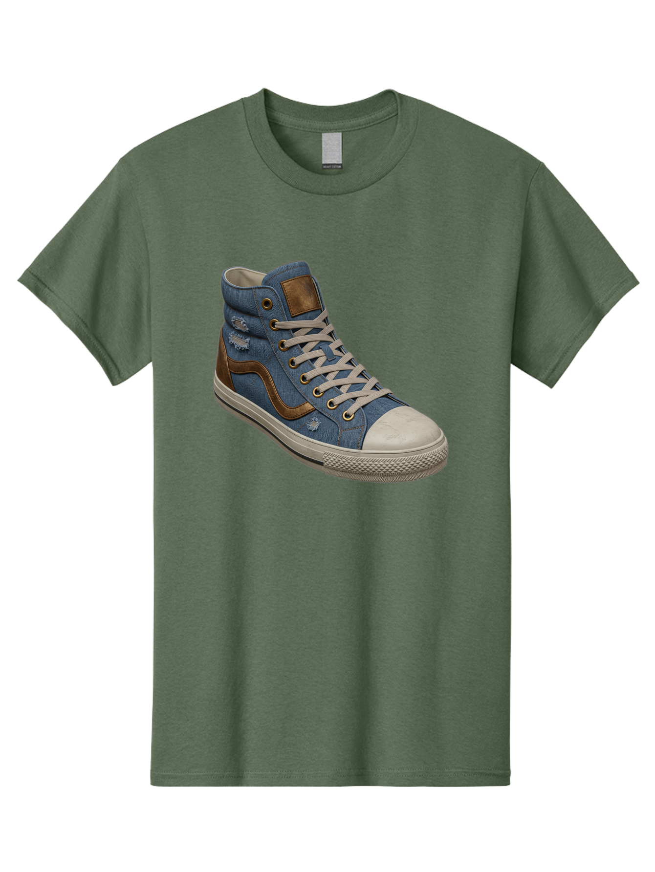 Blue-Denim-High-Top-Sneaker Men'S Graphic Tee, 100% Cotton, Comfortable Casual Summer Wear, Machine Washable, High-Top Denim Sneakers, Blue Denim, Fashionable Sneakers, Casual Footwear, White Laces, Brown Accents, Distressed Design, Baa172 15