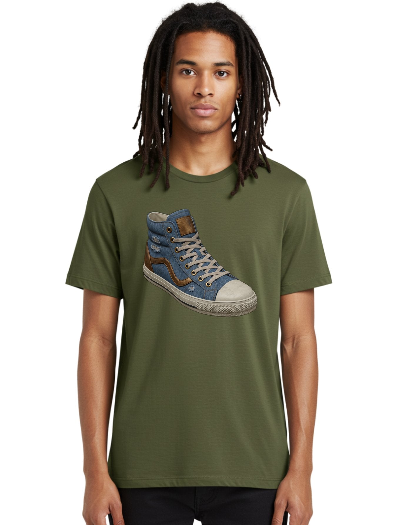 Blue-Denim-High-Top-Sneaker Men'S Graphic Tee, 100% Cotton, Comfortable Casual Summer Wear, Machine Washable, High-Top Denim Sneakers, Blue Denim, Fashionable Sneakers, Casual Footwear, White Laces, Brown Accents, Distressed Design, Baa172 23