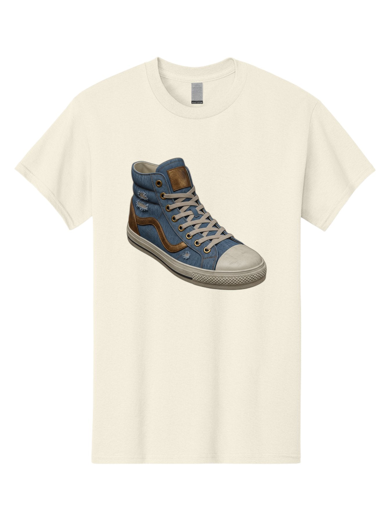 Blue-Denim-High-Top-Sneaker Men'S Graphic Tee, 100% Cotton, Comfortable Casual Summer Wear, Machine Washable, High-Top Denim Sneakers, Blue Denim, Fashionable Sneakers, Casual Footwear, White Laces, Brown Accents, Distressed Design, Baa172 11