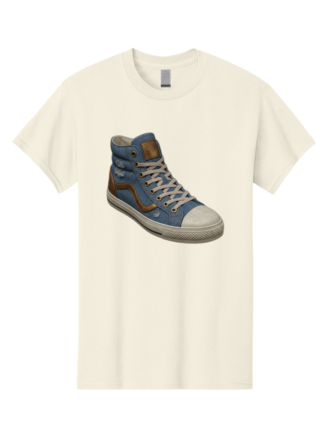 Blue-Denim-High-Top-Sneaker Men'S Graphic Tee, 100% Cotton, Comfortable Casual Summer Wear, Machine Washable, High-Top Denim Sneakers, Blue Denim, Fashionable Sneakers, Casual Footwear, White Laces, Brown Accents, Distressed Design, Baa172 7