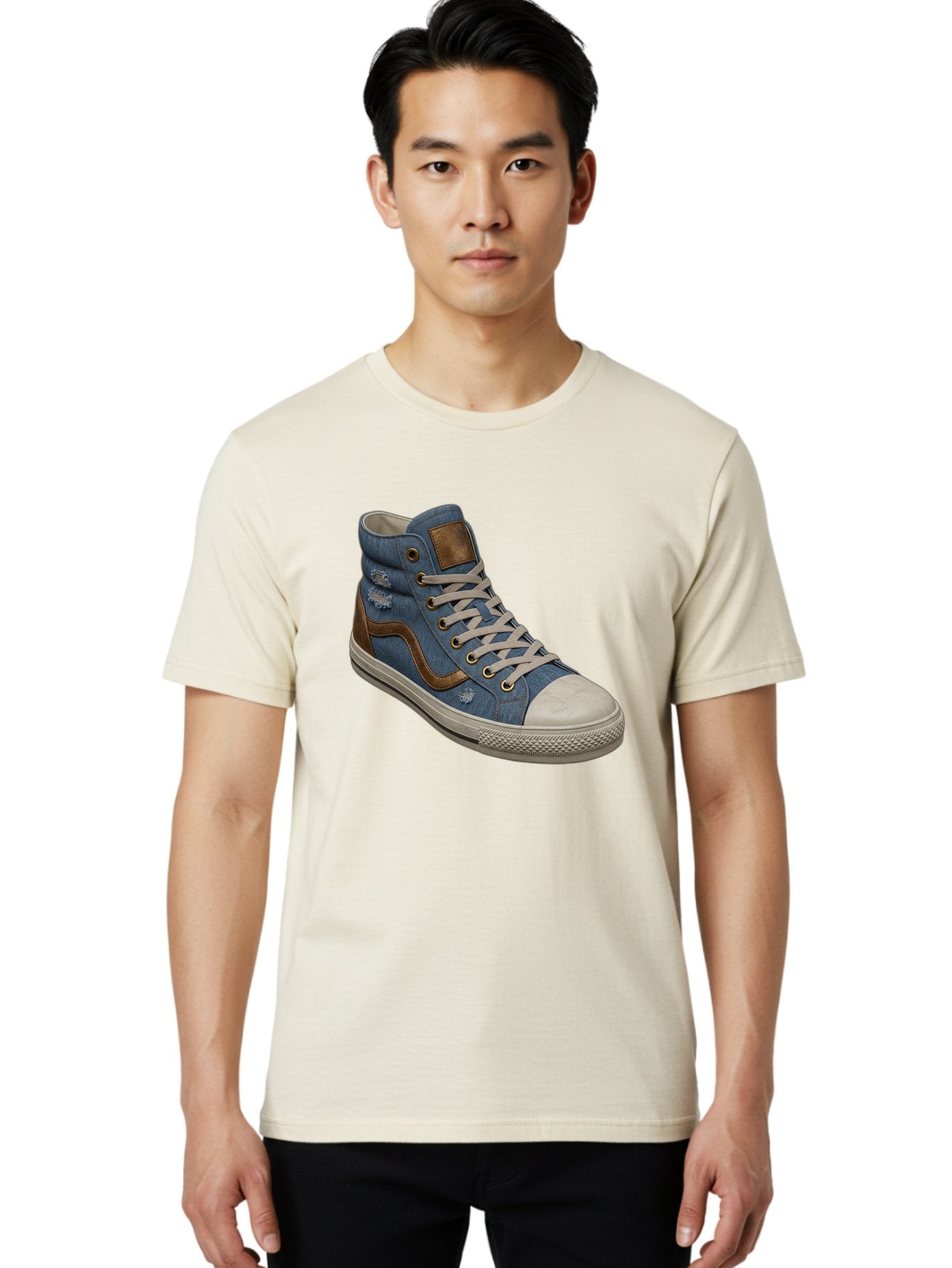 Blue-Denim-High-Top-Sneaker Men'S Graphic Tee, 100% Cotton, Comfortable Casual Summer Wear, Machine Washable, High-Top Denim Sneakers, Blue Denim, Fashionable Sneakers, Casual Footwear, White Laces, Brown Accents, Distressed Design, Baa172 27