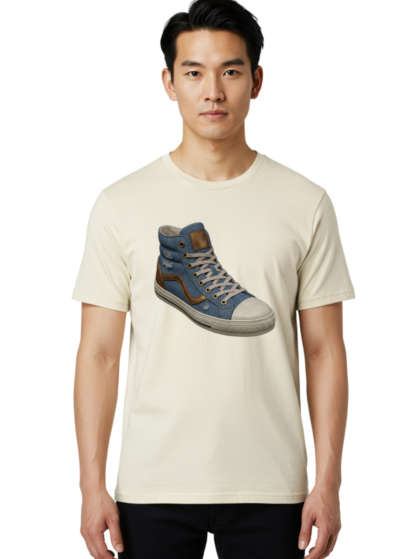 Blue-Denim-High-Top-Sneaker Men'S Graphic Tee, 100% Cotton, Comfortable Casual Summer Wear, Machine Washable, High-Top Denim Sneakers, Blue Denim, Fashionable Sneakers, Casual Footwear, White Laces, Brown Accents, Distressed Design, Baa172 8
