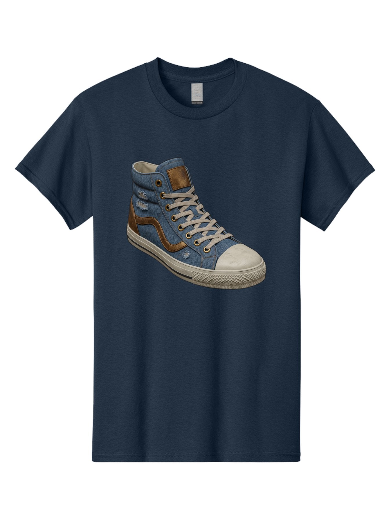 Blue-Denim-High-Top-Sneaker Men'S Graphic Tee, 100% Cotton, Comfortable Casual Summer Wear, Machine Washable, High-Top Denim Sneakers, Blue Denim, Fashionable Sneakers, Casual Footwear, White Laces, Brown Accents, Distressed Design, Baa172 14