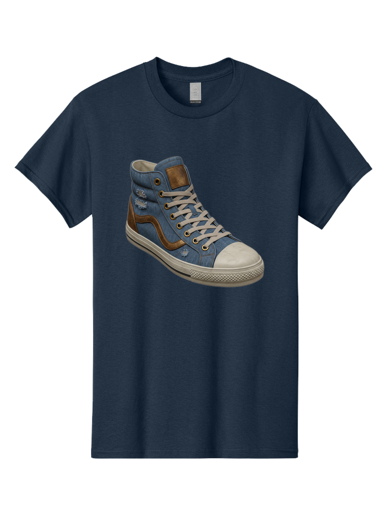 Blue-Denim-High-Top-Sneaker Men'S Graphic Tee, 100% Cotton, Comfortable Casual Summer Wear, Machine Washable, High-Top Denim Sneakers, Blue Denim, Fashionable Sneakers, Casual Footwear, White Laces, Brown Accents, Distressed Design, Baa172 3