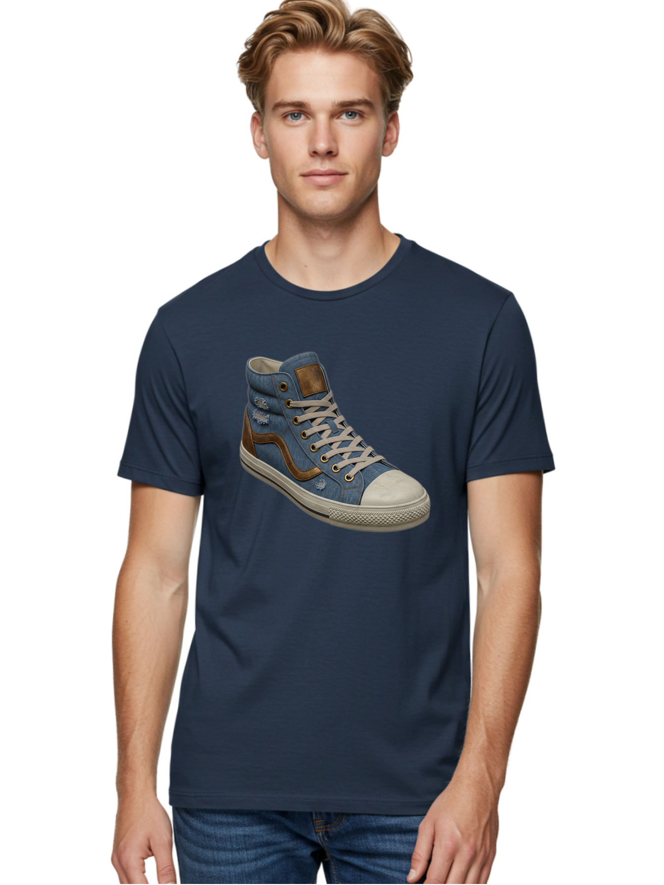 Blue-Denim-High-Top-Sneaker Men'S Graphic Tee, 100% Cotton, Comfortable Casual Summer Wear, Machine Washable, High-Top Denim Sneakers, Blue Denim, Fashionable Sneakers, Casual Footwear, White Laces, Brown Accents, Distressed Design, Baa172 4