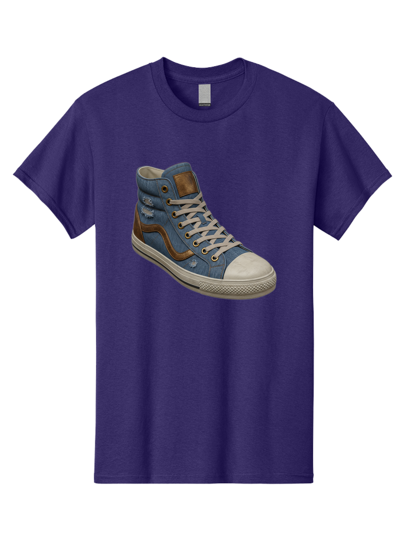 Blue-Denim-High-Top-Sneaker Men'S Graphic Tee, 100% Cotton, Comfortable Casual Summer Wear, Machine Washable, High-Top Denim Sneakers, Blue Denim, Fashionable Sneakers, Casual Footwear, White Laces, Brown Accents, Distressed Design, Baa172 13