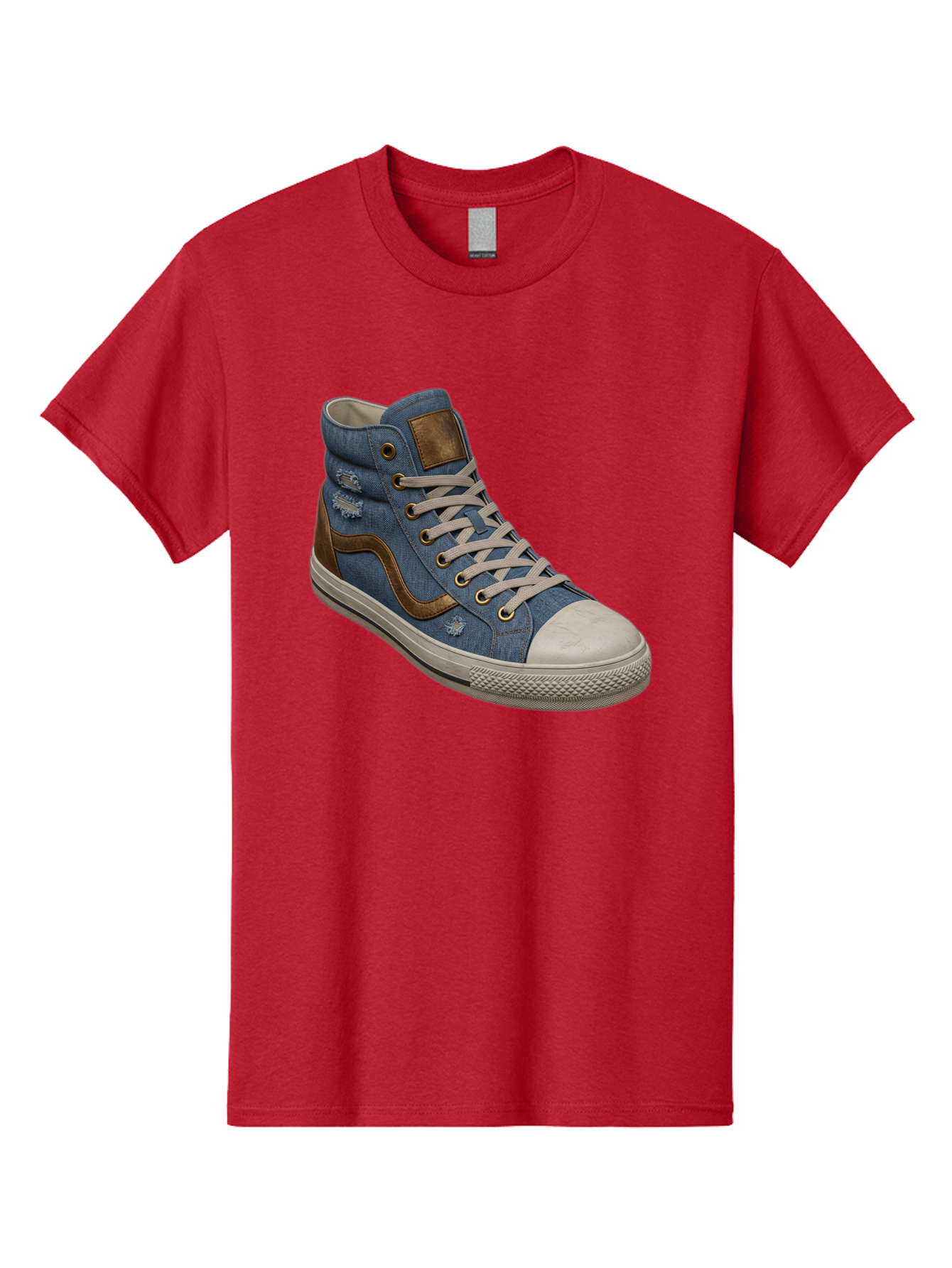 Blue-Denim-High-Top-Sneaker Men'S Graphic Tee, 100% Cotton, Comfortable Casual Summer Wear, Machine Washable, High-Top Denim Sneakers, Blue Denim, Fashionable Sneakers, Casual Footwear, White Laces, Brown Accents, Distressed Design, Baa172 17