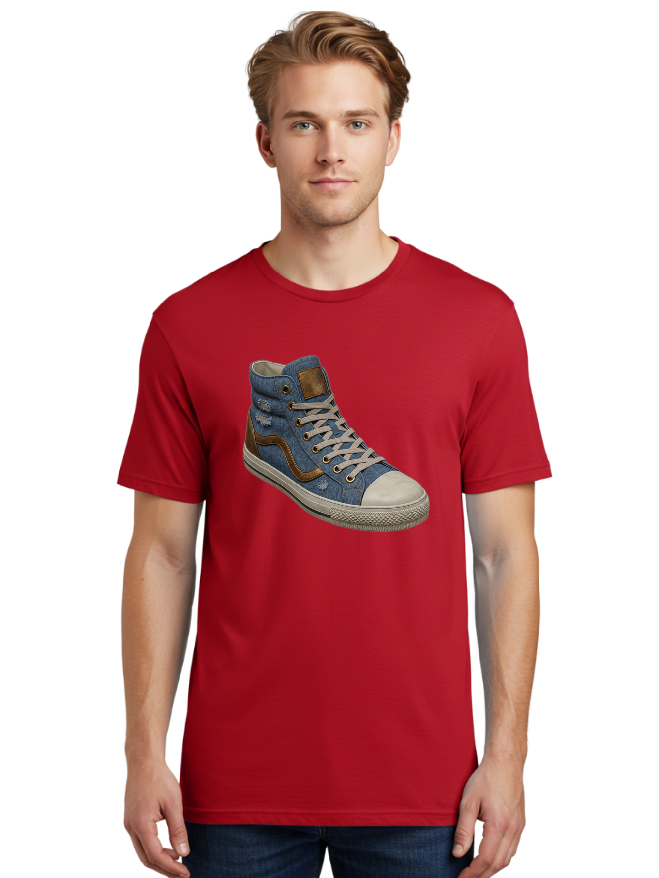 Blue-Denim-High-Top-Sneaker Men'S Graphic Tee, 100% Cotton, Comfortable Casual Summer Wear, Machine Washable, High-Top Denim Sneakers, Blue Denim, Fashionable Sneakers, Casual Footwear, White Laces, Brown Accents, Distressed Design, Baa172 18