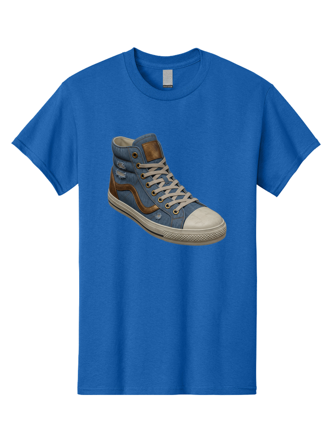 Blue-Denim-High-Top-Sneaker Men'S Graphic Tee, 100% Cotton, Comfortable Casual Summer Wear, Machine Washable, High-Top Denim Sneakers, Blue Denim, Fashionable Sneakers, Casual Footwear, White Laces, Brown Accents, Distressed Design, Baa172 23