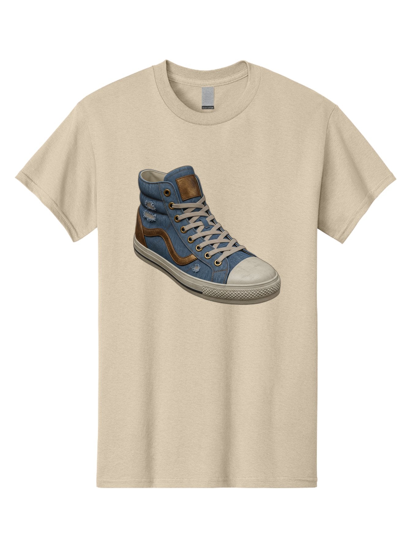 Blue-Denim-High-Top-Sneaker Men'S Graphic Tee, 100% Cotton, Comfortable Casual Summer Wear, Machine Washable, High-Top Denim Sneakers, Blue Denim, Fashionable Sneakers, Casual Footwear, White Laces, Brown Accents, Distressed Design, Baa172 15