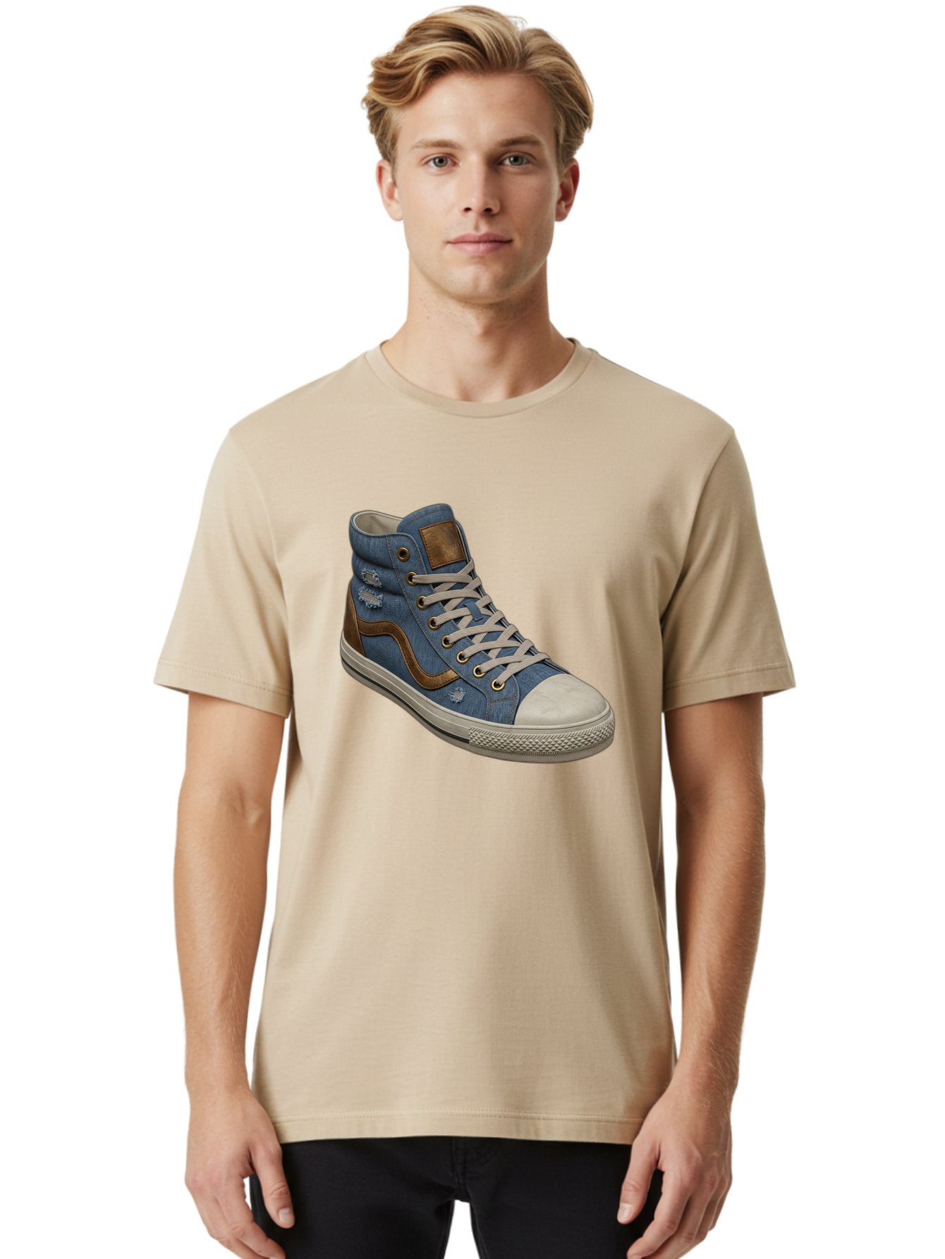 Blue-Denim-High-Top-Sneaker Men'S Graphic Tee, 100% Cotton, Comfortable Casual Summer Wear, Machine Washable, High-Top Denim Sneakers, Blue Denim, Fashionable Sneakers, Casual Footwear, White Laces, Brown Accents, Distressed Design, Baa172 30
