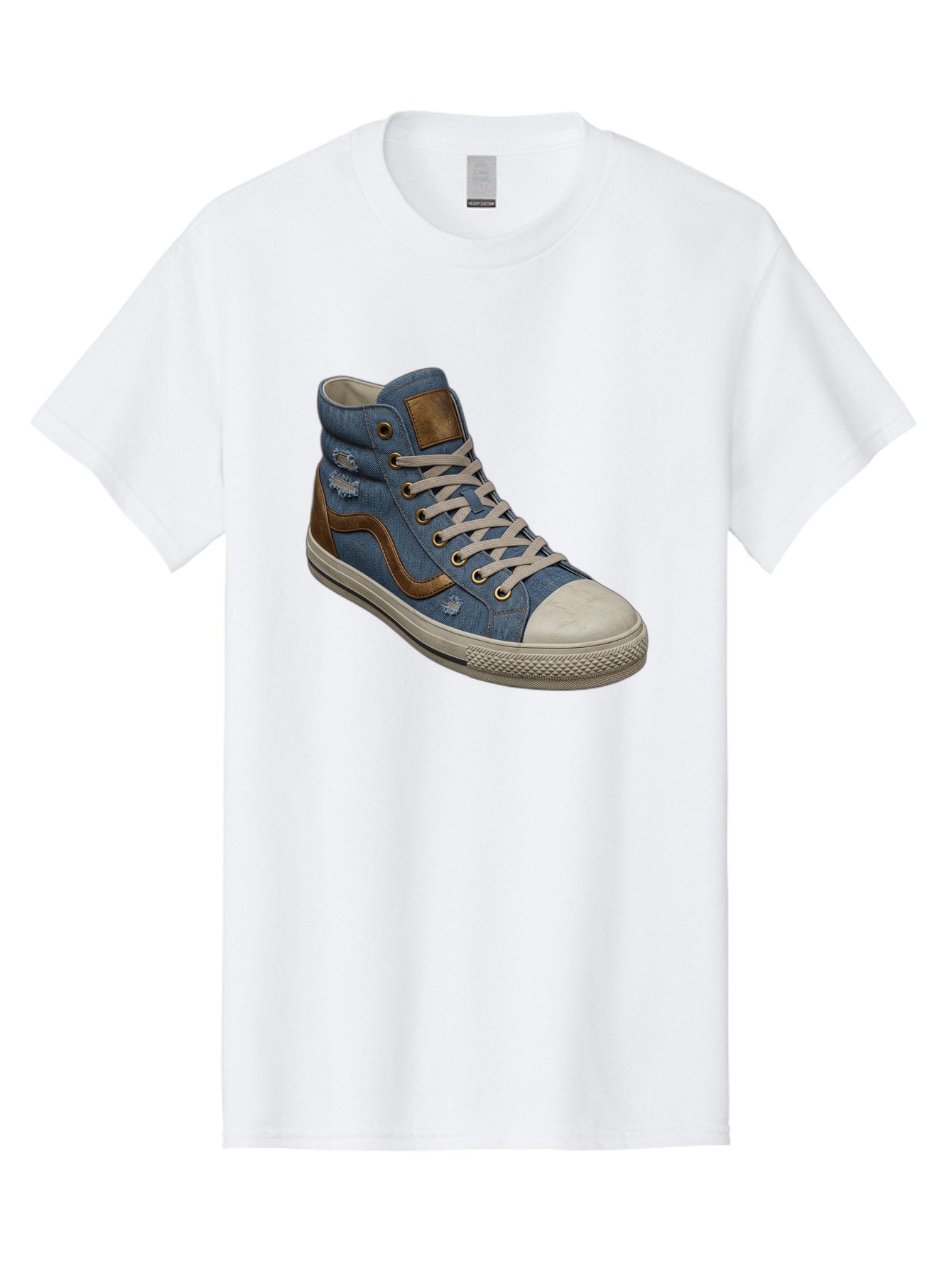 Blue-Denim-High-Top-Sneaker Men'S Graphic Tee, 100% Cotton, Comfortable Casual Summer Wear, Machine Washable, High-Top Denim Sneakers, Blue Denim, Fashionable Sneakers, Casual Footwear, White Laces, Brown Accents, Distressed Design, Baa172 7