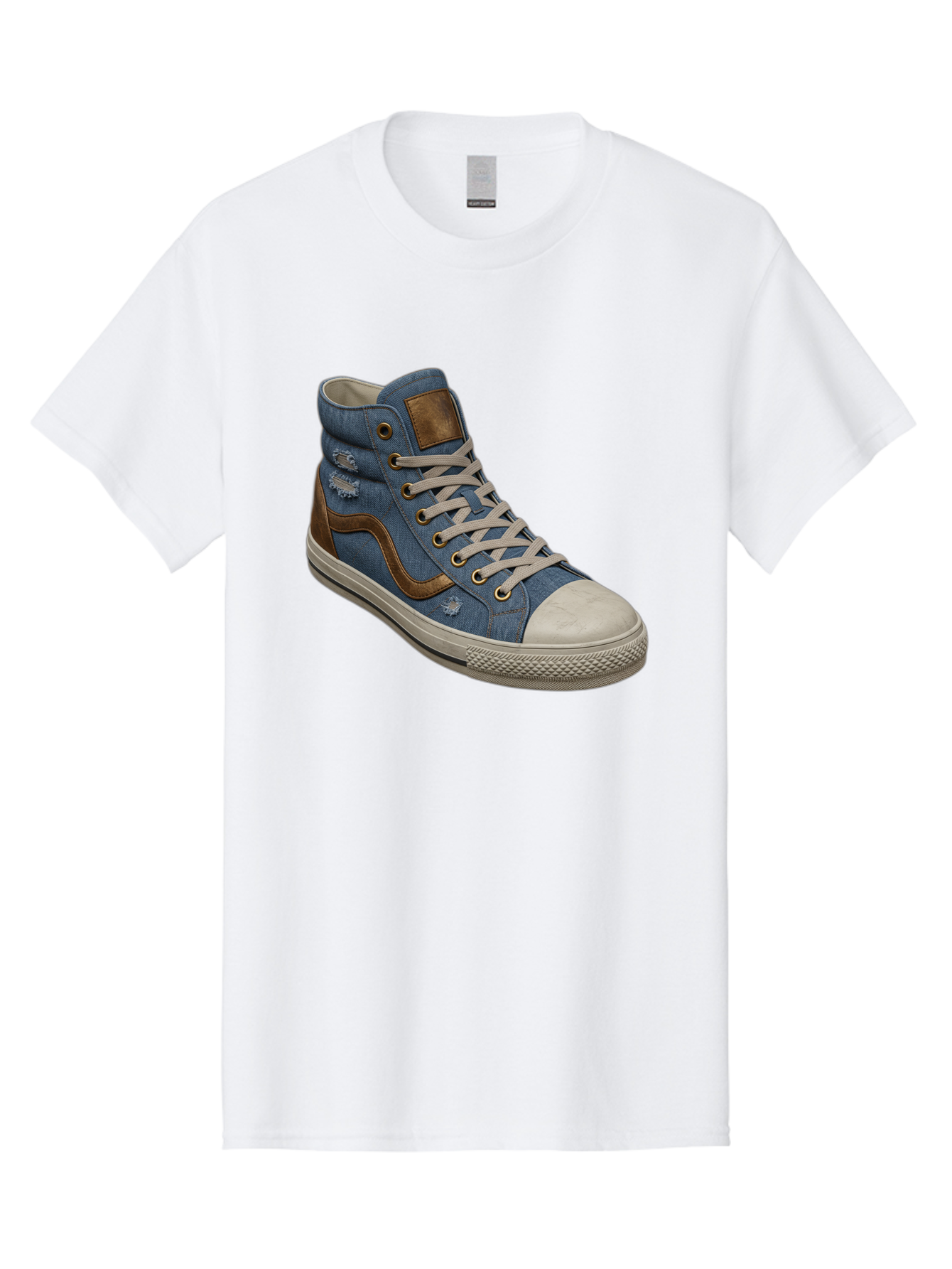 Blue-Denim-High-Top-Sneaker Men'S Graphic Tee, 100% Cotton, Comfortable Casual Summer Wear, Machine Washable, High-Top Denim Sneakers, Blue Denim, Fashionable Sneakers, Casual Footwear, White Laces, Brown Accents, Distressed Design, Baa172 25