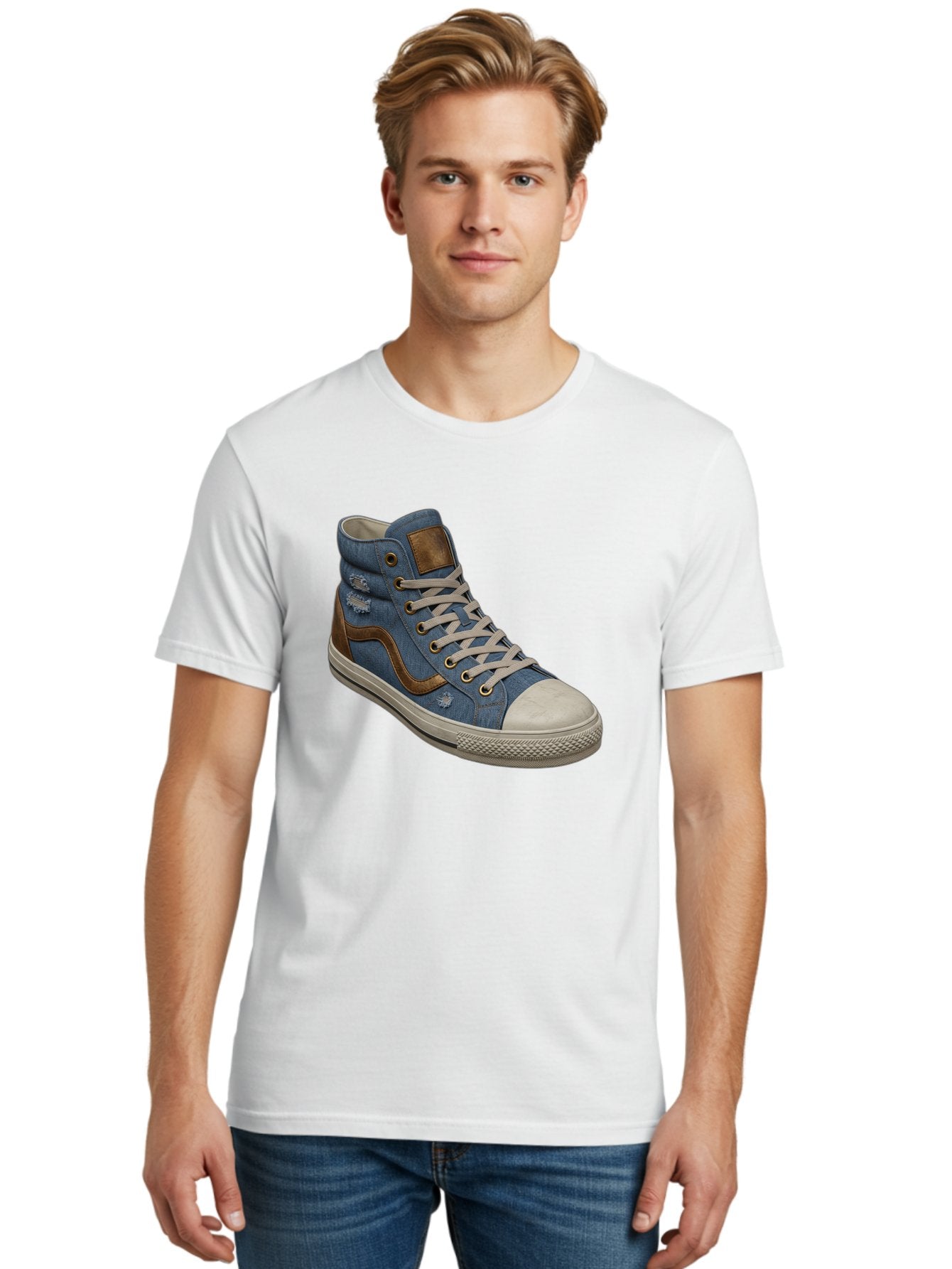 Blue-Denim-High-Top-Sneaker Men'S Graphic Tee, 100% Cotton, Comfortable Casual Summer Wear, Machine Washable, High-Top Denim Sneakers, Blue Denim, Fashionable Sneakers, Casual Footwear, White Laces, Brown Accents, Distressed Design, Baa172 16