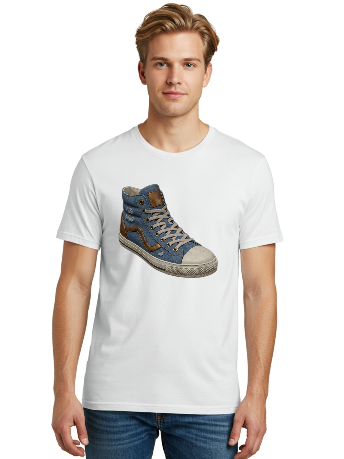 Blue-Denim-High-Top-Sneaker Men'S Graphic Tee, 100% Cotton, Comfortable Casual Summer Wear, Machine Washable, High-Top Denim Sneakers, Blue Denim, Fashionable Sneakers, Casual Footwear, White Laces, Brown Accents, Distressed Design, Baa172 26
