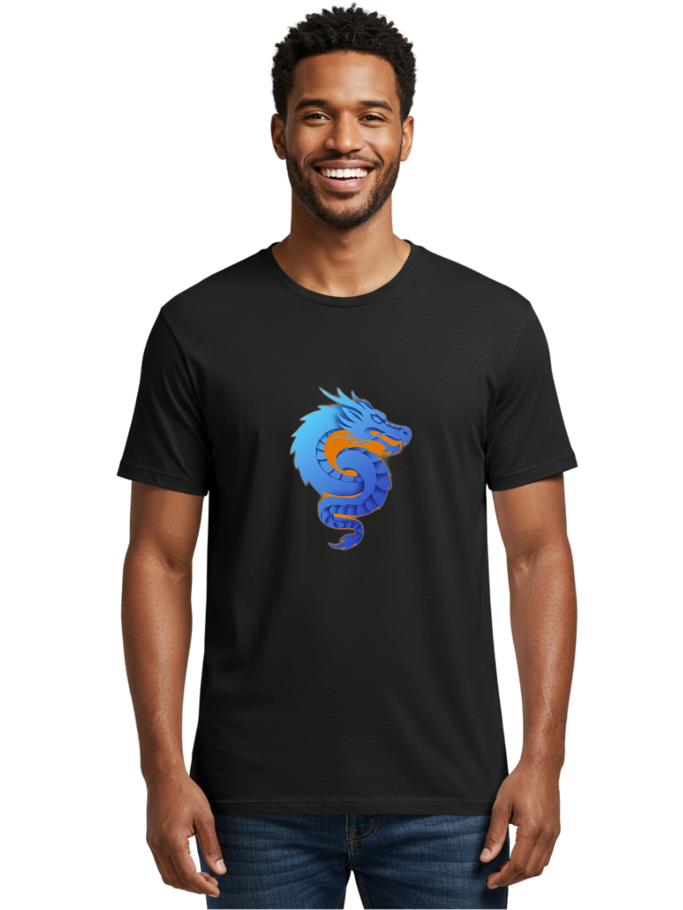 Blue-Dragon Men'S Graphic Tee, 100% Cotton, Comfortable Casual Summer Wear, Machine Washable, Blue Dragon, Orange Flames, Mythical Creature, Fantasy Art, Cartoon Illustration, Digital Graphics, Dragon Design, Logo Concept Baa173 24
