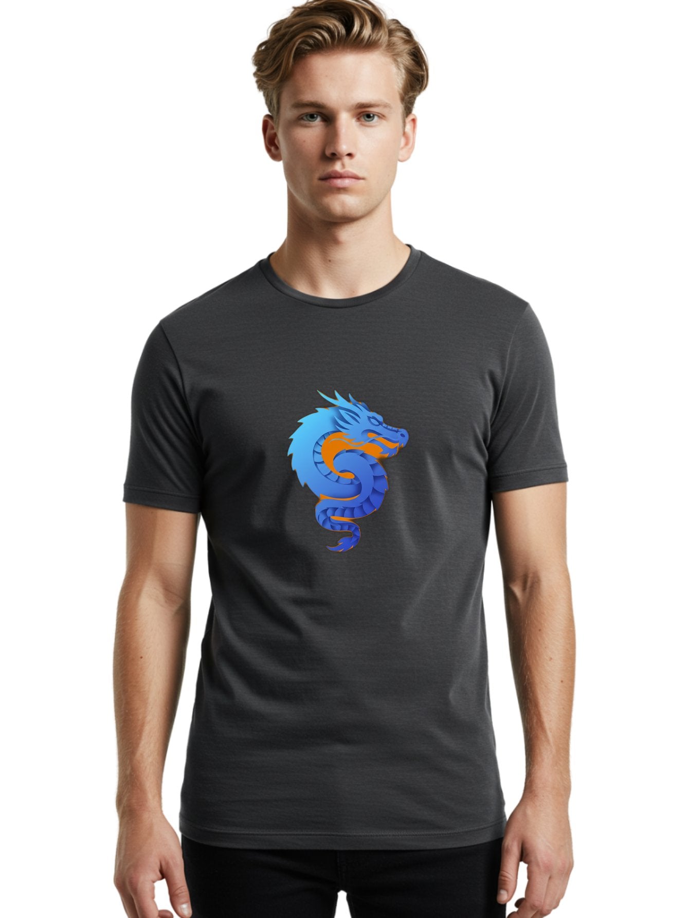 Blue-Dragon Men'S Graphic Tee, 100% Cotton, Comfortable Casual Summer Wear, Machine Washable, Blue Dragon, Orange Flames, Mythical Creature, Fantasy Art, Cartoon Illustration, Digital Graphics, Dragon Design, Logo Concept Baa173 30