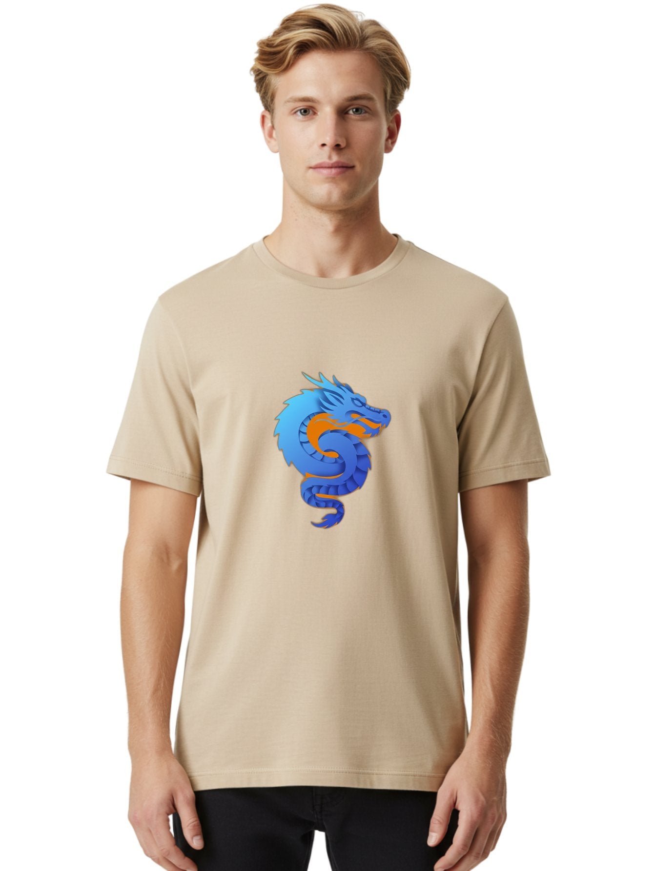 Blue-Dragon Men'S Graphic Tee, 100% Cotton, Comfortable Casual Summer Wear, Machine Washable, Blue Dragon, Orange Flames, Mythical Creature, Fantasy Art, Cartoon Illustration, Digital Graphics, Dragon Design, Logo Concept Baa173 22