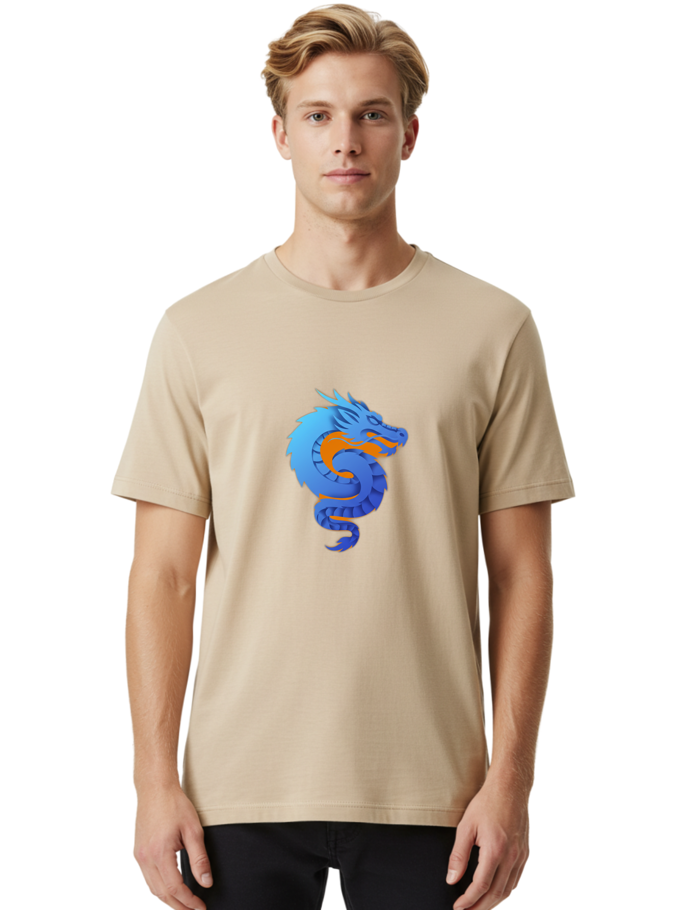 Blue-Dragon Men'S Graphic Tee, 100% Cotton, Comfortable Casual Summer Wear, Machine Washable, Blue Dragon, Orange Flames, Mythical Creature, Fantasy Art, Cartoon Illustration, Digital Graphics, Dragon Design, Logo Concept Baa173 18