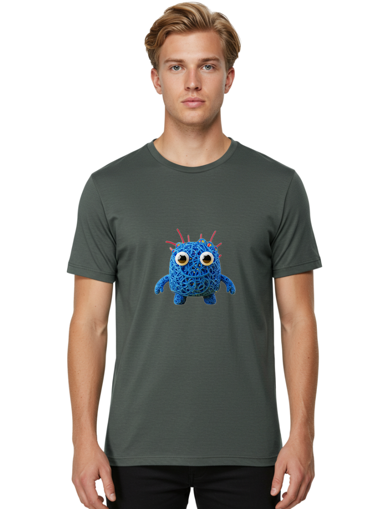Blue-Germ Men'S Graphic Tee, 100% Cotton, Comfortable Casual Summer Wear, Machine Washable, Blue Virus Character, Cartoon Virus, Quirky Design, Oversized Eyes, Comical Creature, Abstract Virus Representation, Funny Art, Playful Germ Baa174 30