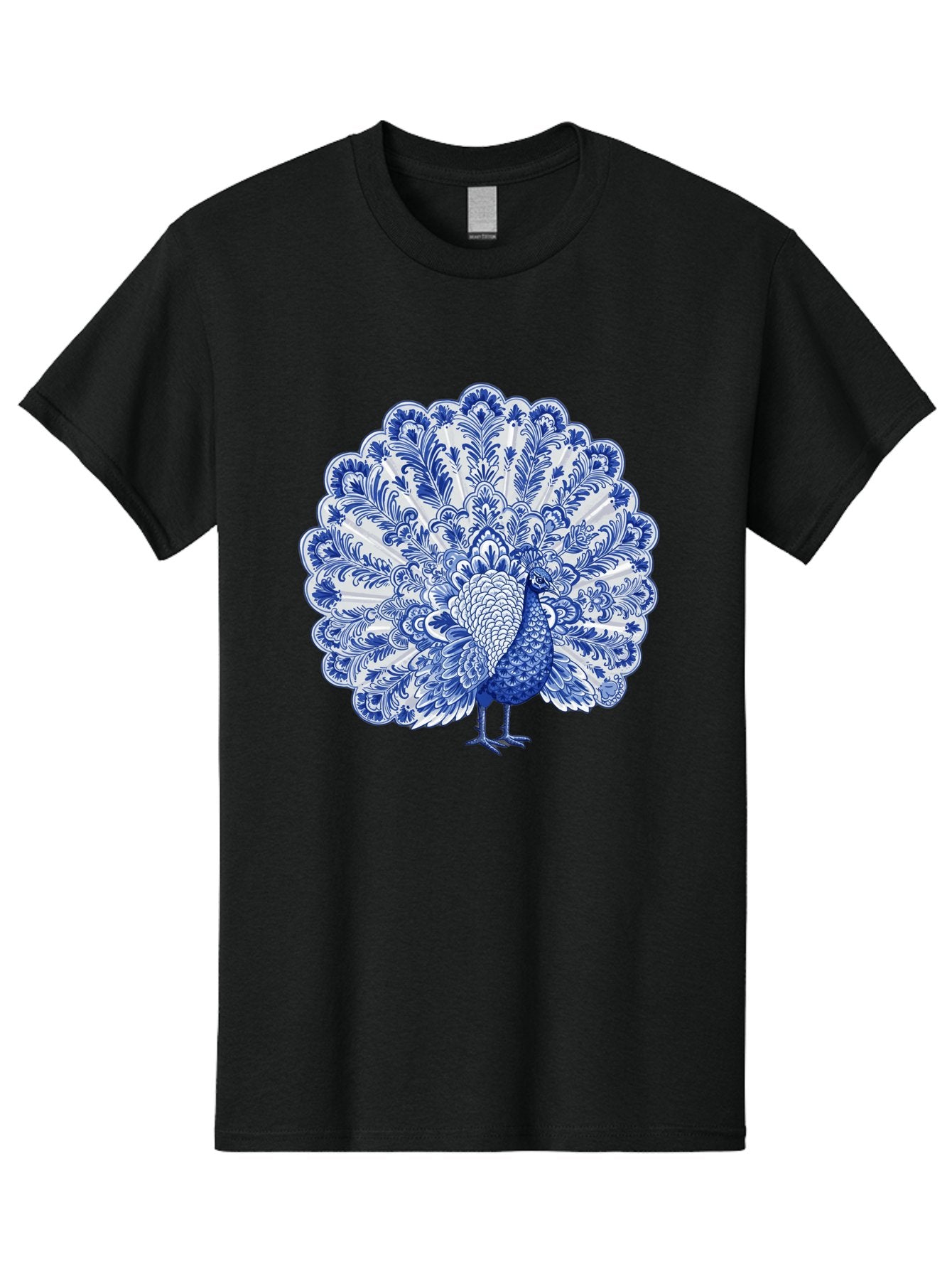 Blue-Peacock Men'S Graphic Tee, 100% Cotton, Comfortable Casual Summer Wear, Machine Washable, Peacock Illustration, Blue And White Design, Floral Pattern, Elegant Bird, Ornate Plumage, Luxurious Texture, Vintage Style, Decorative Art, Baa176 3