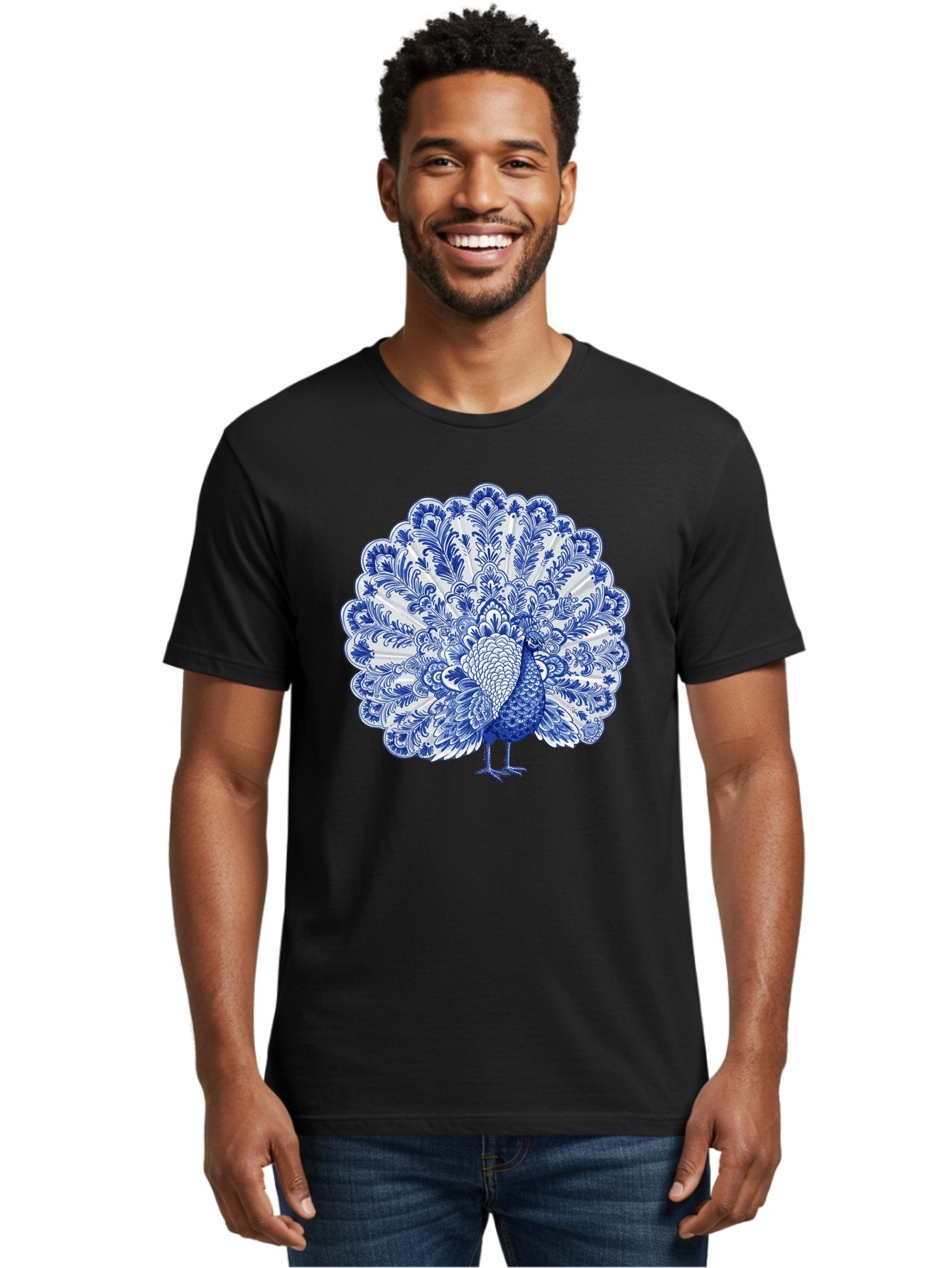 Blue-Peacock Men'S Graphic Tee, 100% Cotton, Comfortable Casual Summer Wear, Machine Washable, Peacock Illustration, Blue And White Design, Floral Pattern, Elegant Bird, Ornate Plumage, Luxurious Texture, Vintage Style, Decorative Art, Baa176 22