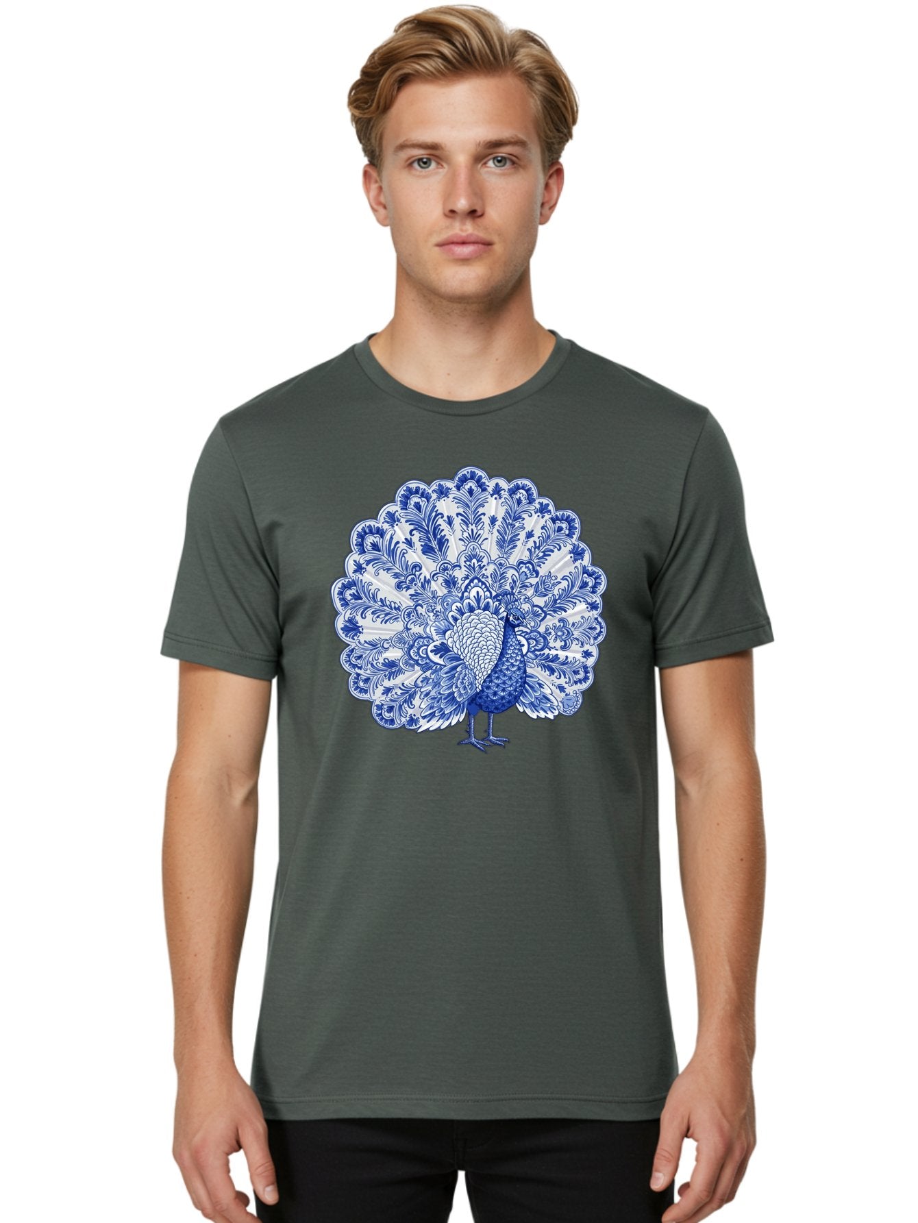 Blue-Peacock Men'S Graphic Tee, 100% Cotton, Comfortable Casual Summer Wear, Machine Washable, Peacock Illustration, Blue And White Design, Floral Pattern, Elegant Bird, Ornate Plumage, Luxurious Texture, Vintage Style, Decorative Art, Baa176 27