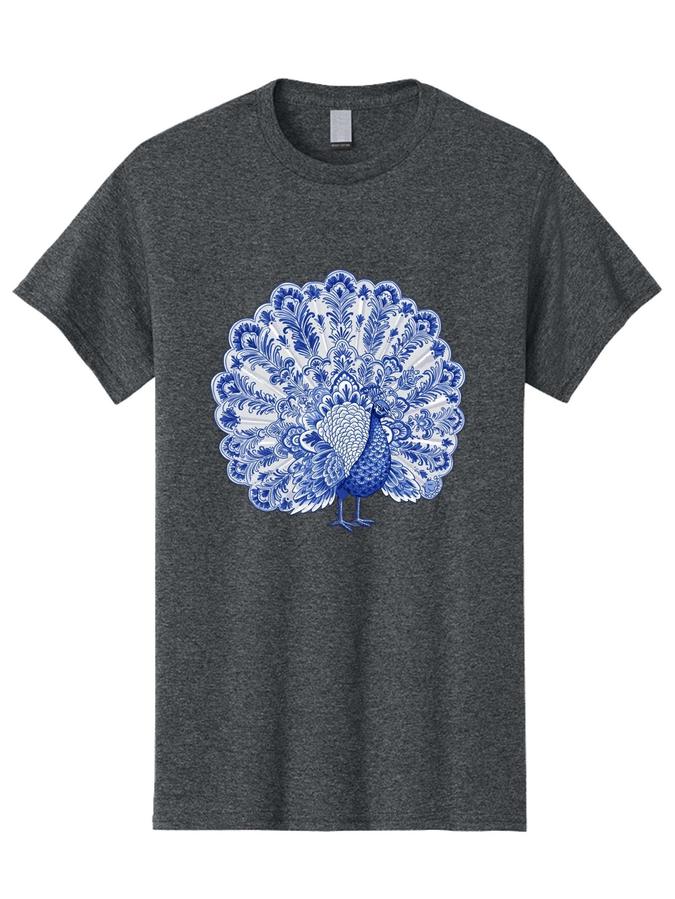 Blue-Peacock Men'S Graphic Tee, 100% Cotton, Comfortable Casual Summer Wear, Machine Washable, Peacock Illustration, Blue And White Design, Floral Pattern, Elegant Bird, Ornate Plumage, Luxurious Texture, Vintage Style, Decorative Art, Baa176