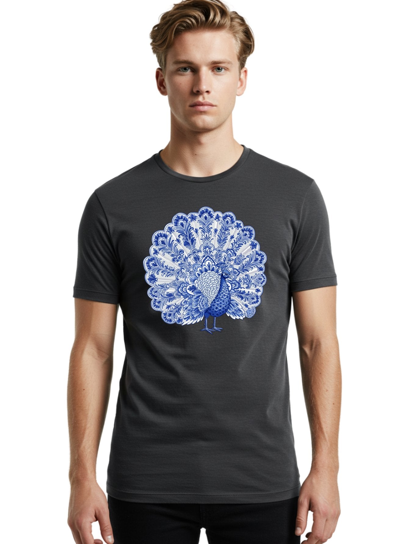 Blue-Peacock Men'S Graphic Tee, 100% Cotton, Comfortable Casual Summer Wear, Machine Washable, Peacock Illustration, Blue And White Design, Floral Pattern, Elegant Bird, Ornate Plumage, Luxurious Texture, Vintage Style, Decorative Art, Baa176 21