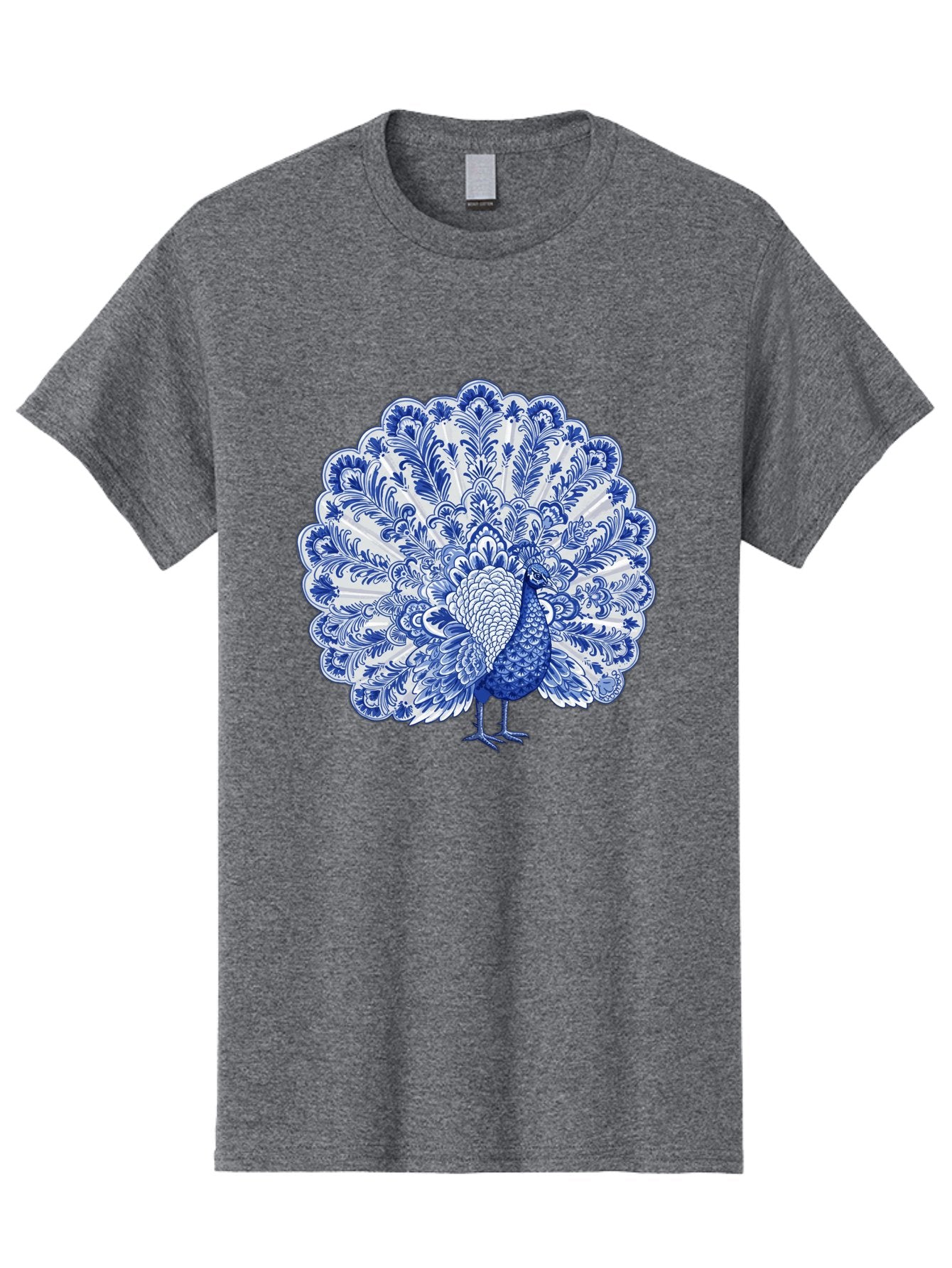 Blue-Peacock Men'S Graphic Tee, 100% Cotton, Comfortable Casual Summer Wear, Machine Washable, Peacock Illustration, Blue And White Design, Floral Pattern, Elegant Bird, Ornate Plumage, Luxurious Texture, Vintage Style, Decorative Art, Baa176 4