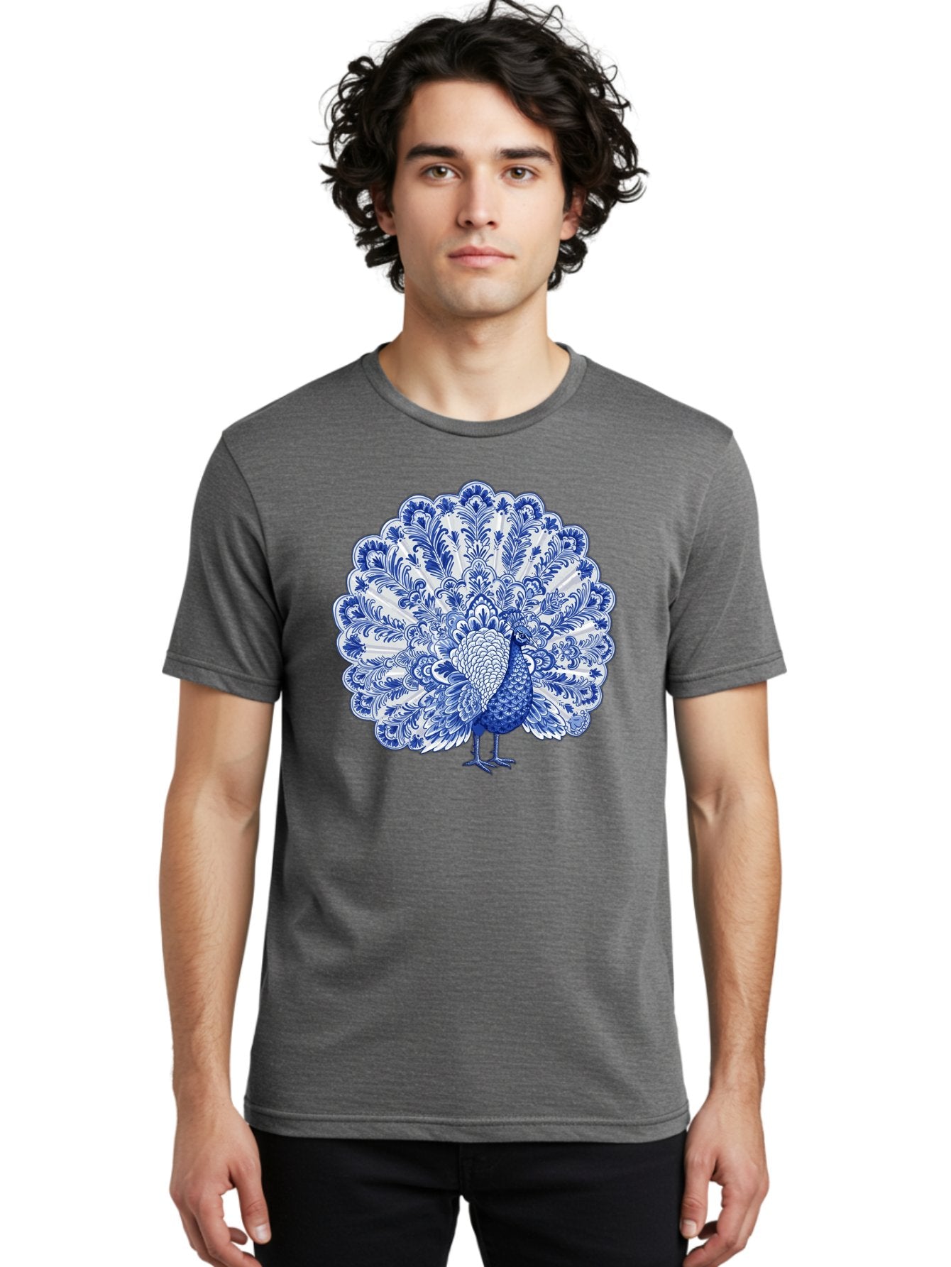 Blue-Peacock Men'S Graphic Tee, 100% Cotton, Comfortable Casual Summer Wear, Machine Washable, Peacock Illustration, Blue And White Design, Floral Pattern, Elegant Bird, Ornate Plumage, Luxurious Texture, Vintage Style, Decorative Art, Baa176 18