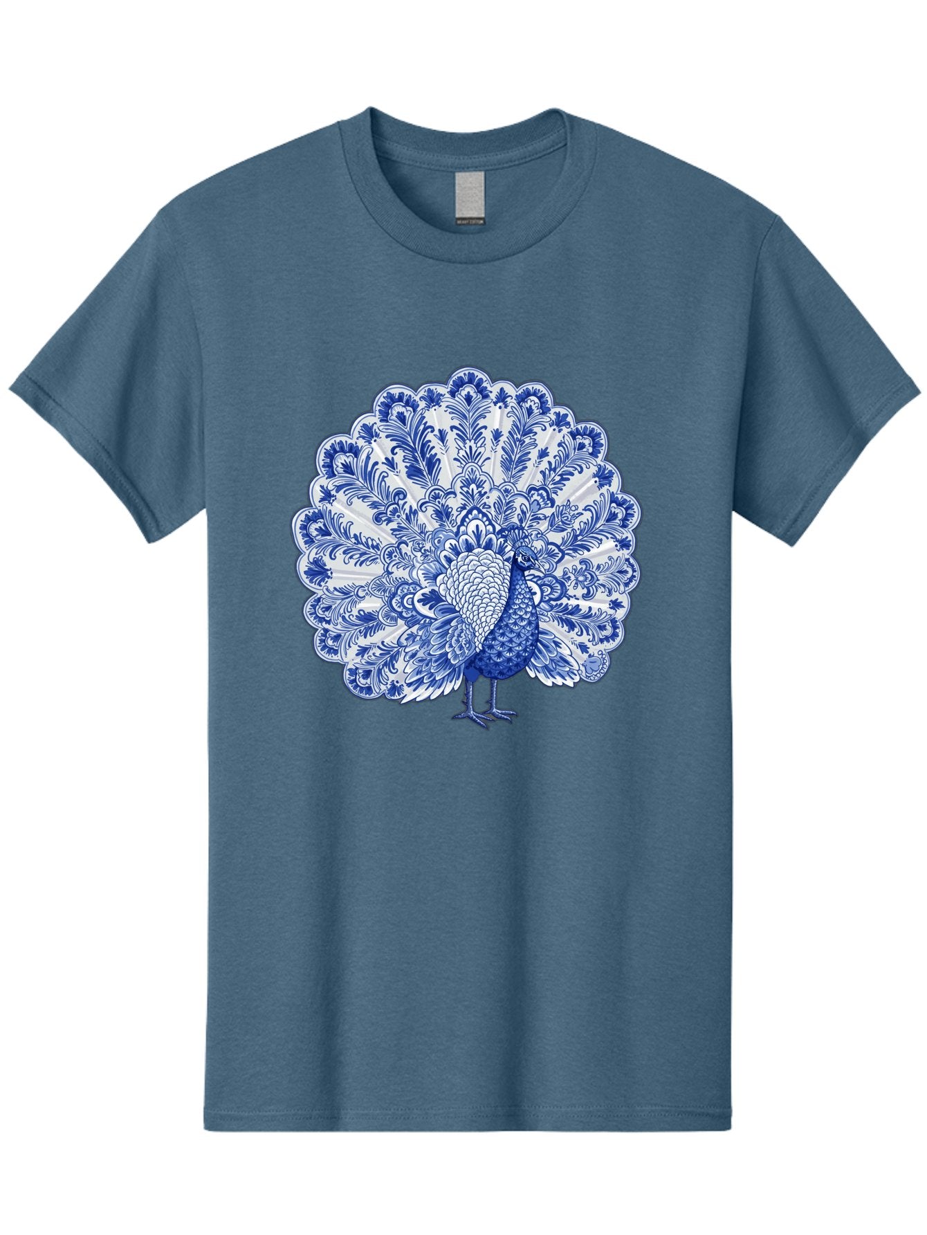 Blue-Peacock Men'S Graphic Tee, 100% Cotton, Comfortable Casual Summer Wear, Machine Washable, Peacock Illustration, Blue And White Design, Floral Pattern, Elegant Bird, Ornate Plumage, Luxurious Texture, Vintage Style, Decorative Art, Baa176 14