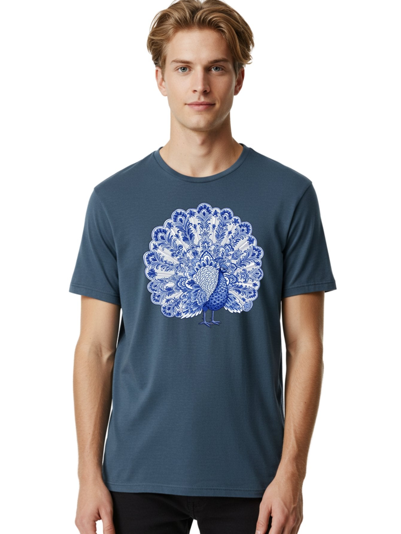 Blue-Peacock Men'S Graphic Tee, 100% Cotton, Comfortable Casual Summer Wear, Machine Washable, Peacock Illustration, Blue And White Design, Floral Pattern, Elegant Bird, Ornate Plumage, Luxurious Texture, Vintage Style, Decorative Art, Baa176 29