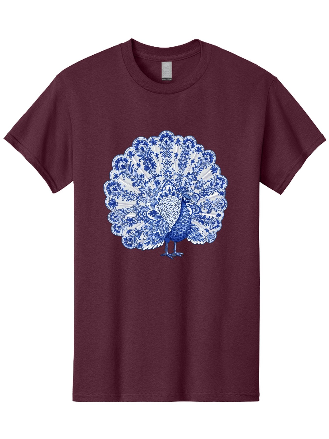 Blue-Peacock Men'S Graphic Tee, 100% Cotton, Comfortable Casual Summer Wear, Machine Washable, Peacock Illustration, Blue And White Design, Floral Pattern, Elegant Bird, Ornate Plumage, Luxurious Texture, Vintage Style, Decorative Art, Baa176 15